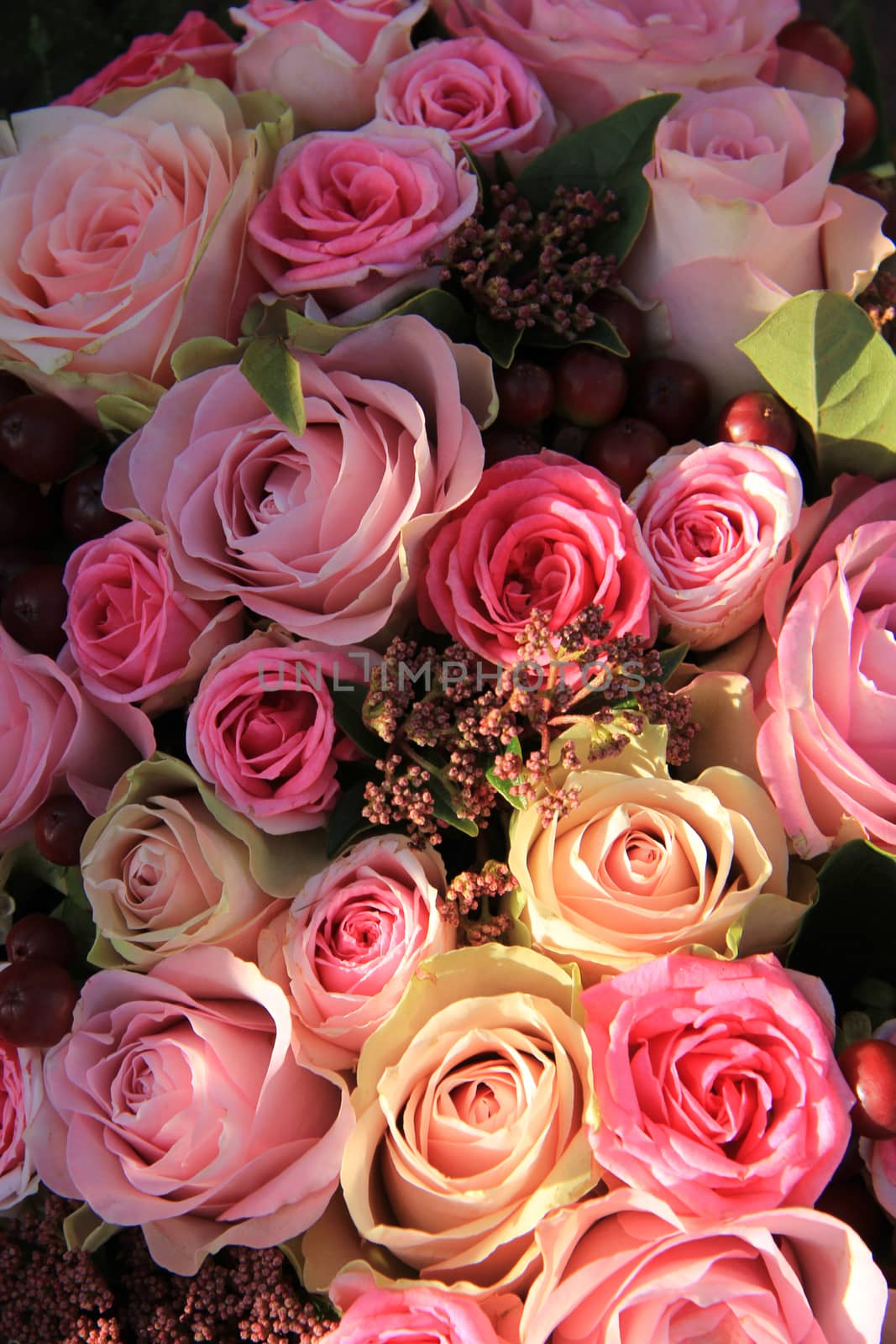 Pastel roses in different shades of pink in a bridal arrangement