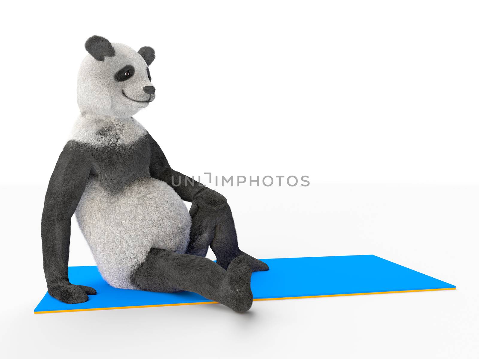 respite and break between sports and yoga. character panda resting after exercise. athlete sits on an ass a blue elastic mat for stretching