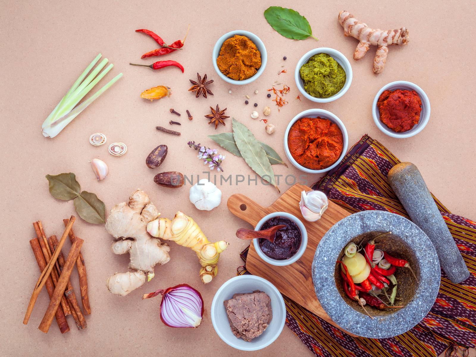 Assortment of Thai food Cooking ingredients and Paste of thai popular food red curry and green curry.