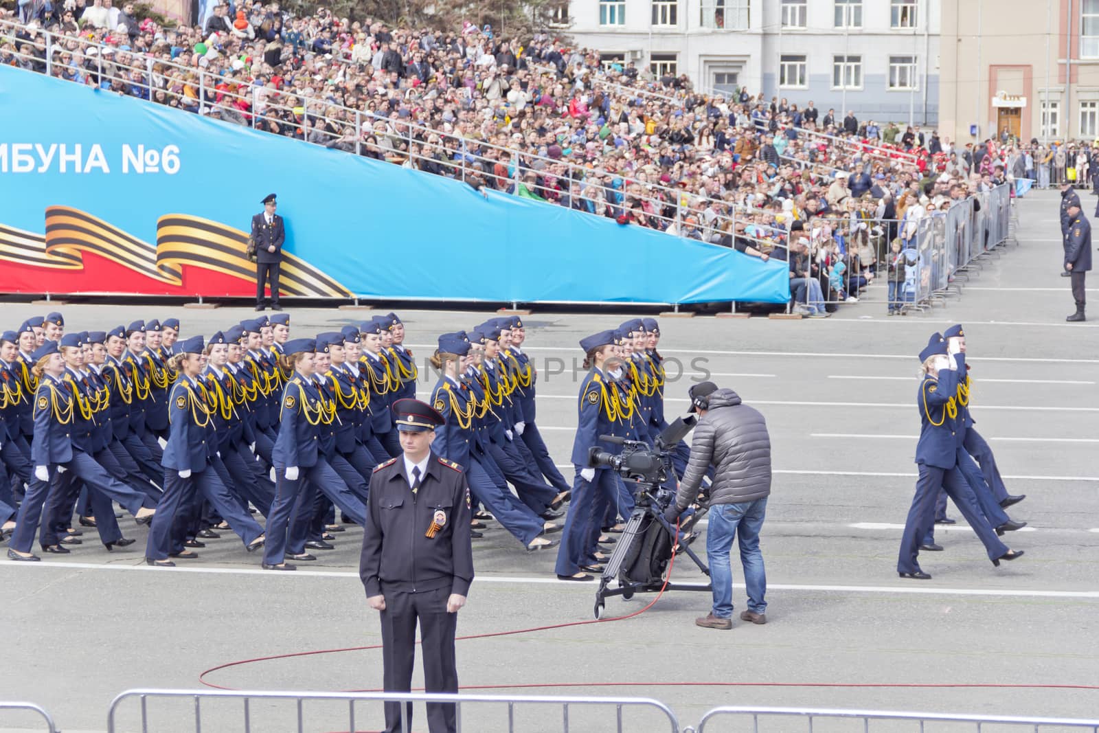 Samara, Russia - May 9: Russian woman midshipmans march at the parade on annual Victory Day, May, 9, 2015 in Samara, Russia.