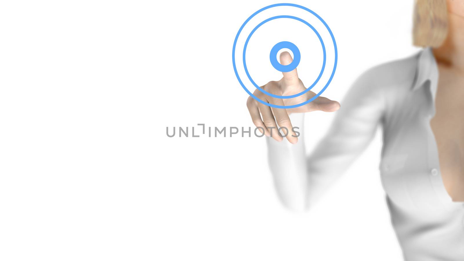 Sexy business woman touching a virtual screen. Free blank space available. The woman is blurred behind the transparent screen. A ripple effect is displayed.