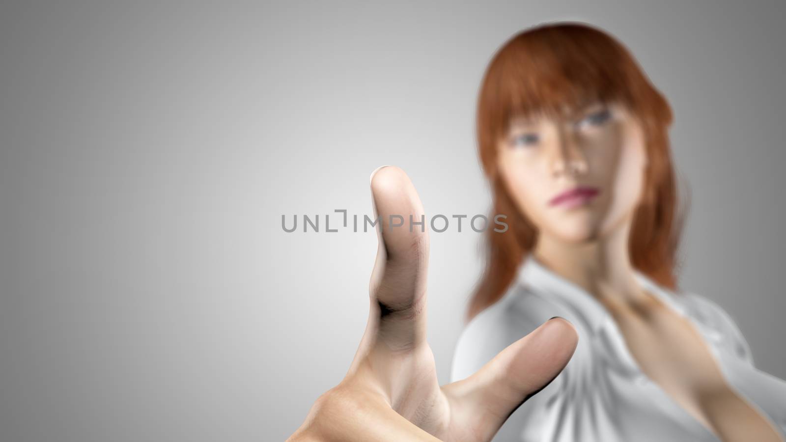 Sexy business woman touching a virtual screen. Free blank space available. The woman is blurred behind the transparent screen to focus on the finger and what it points. 3D render.