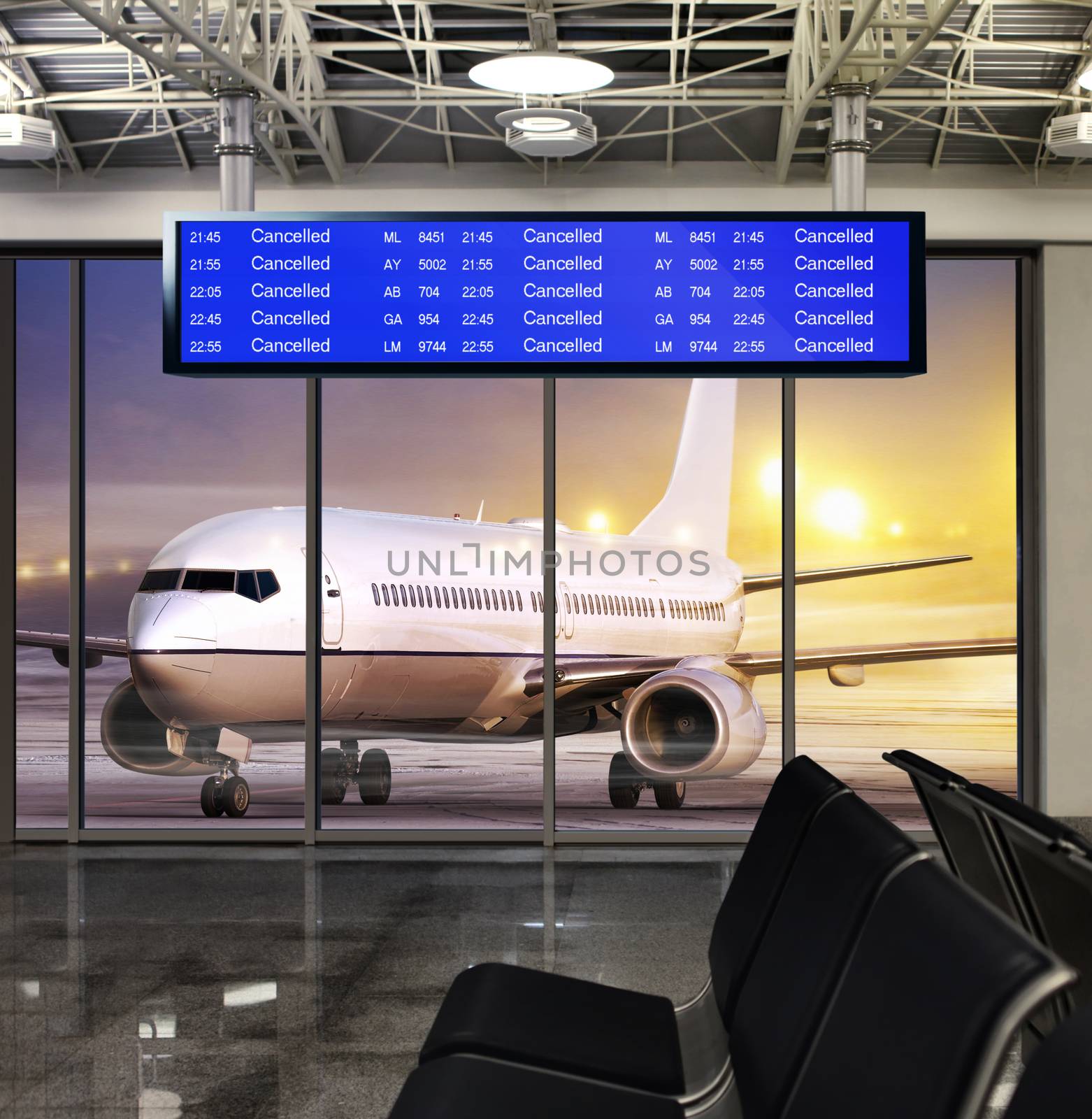 white plane in airport at non flying weather