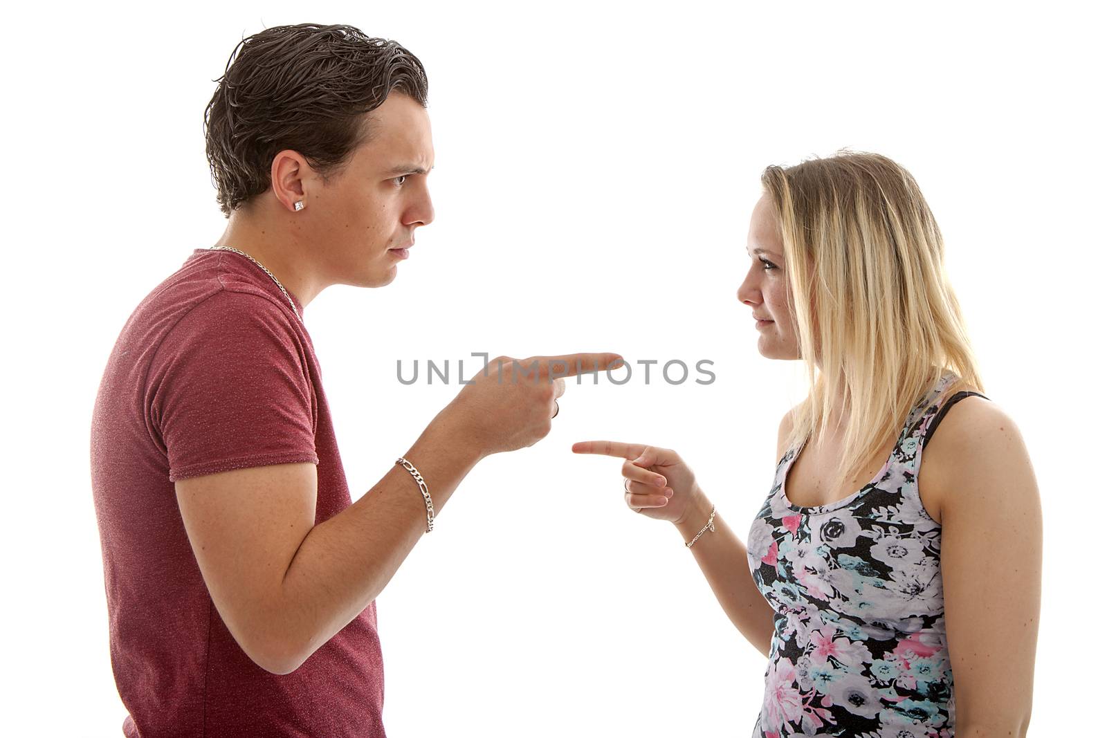 Couple is arguing over white background by sannie32