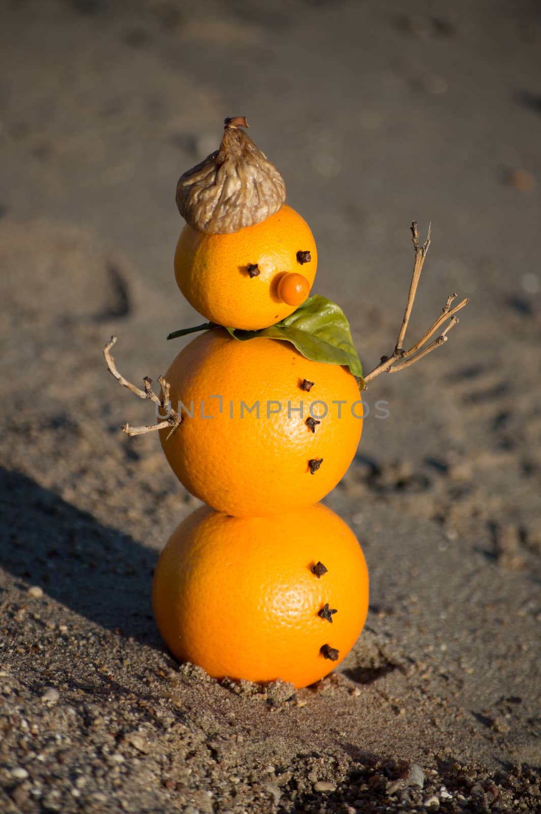 Snowman made of oranges near the sea