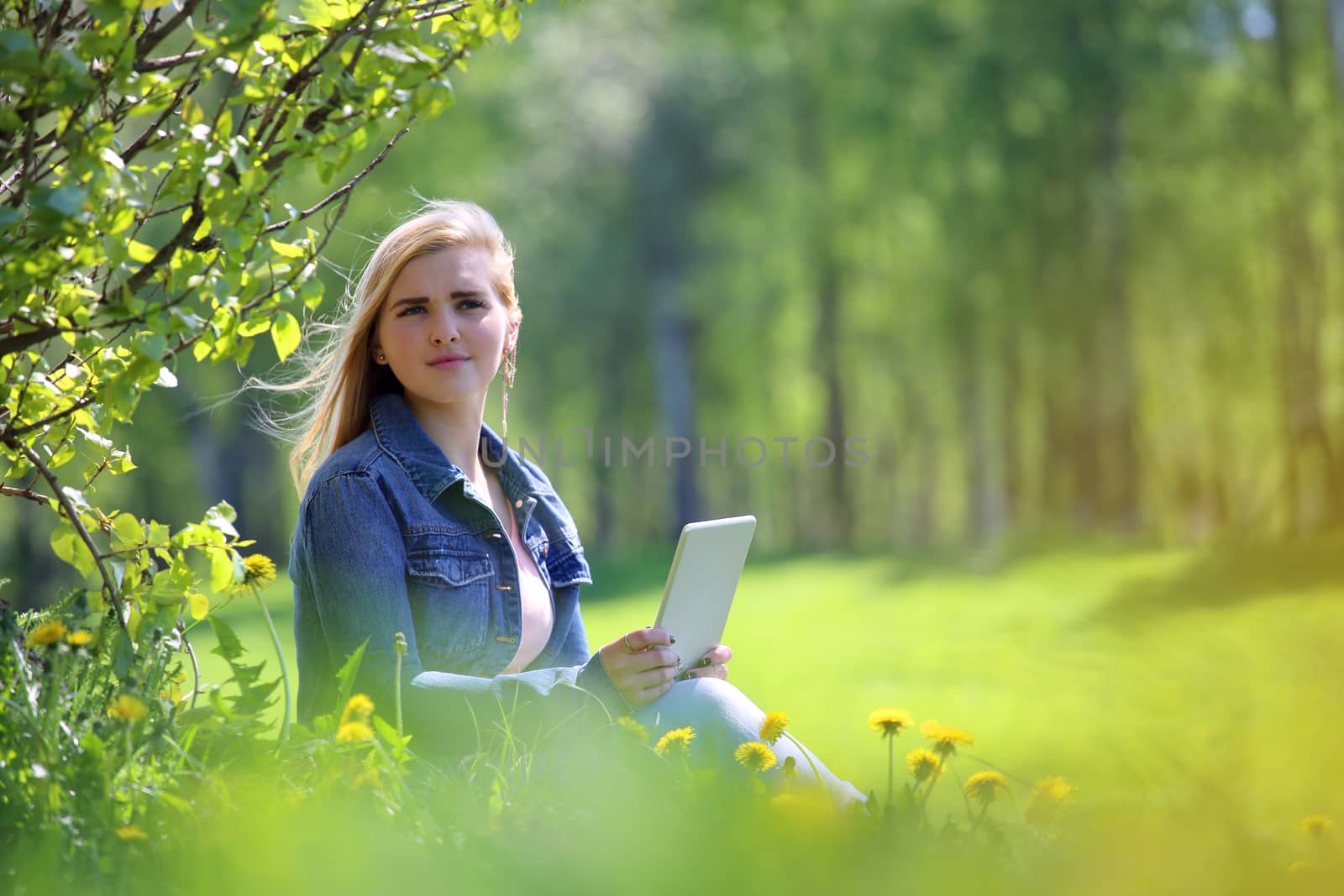 Young woman using tablet in park by destillat