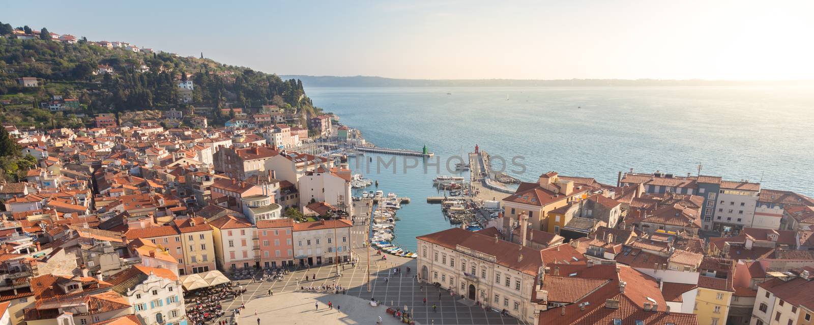 Picturesque old town Piran - beautiful Slovenian adriatic coast. Aerial view of Tartini Square. Panoramic view.