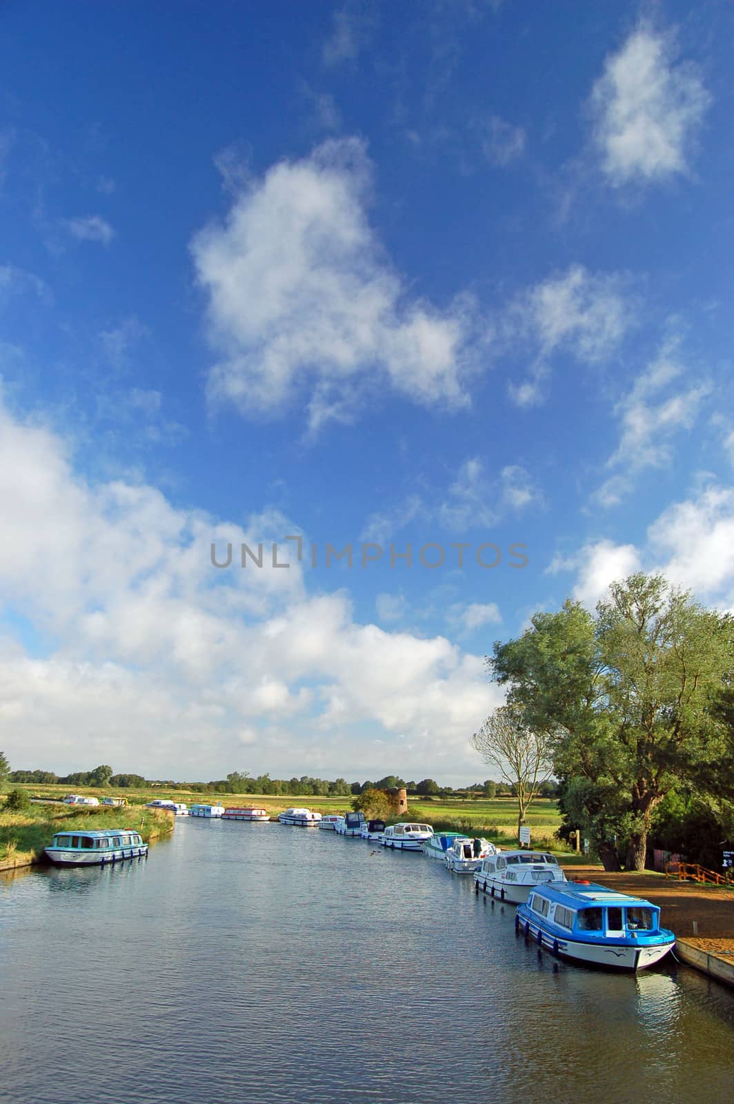 A tranquil flat summer landscape, big skys and wide horizons, and a string of holiday cruisers berthed by the waterway ~ A typical view of the Norfolk Broads national park, in Norfolk, England. 