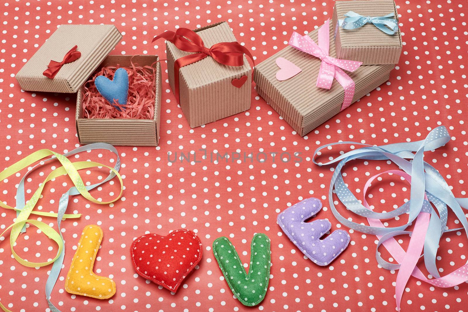 Love, Valentines Day. Word polka dots,heart,ribbon by 918