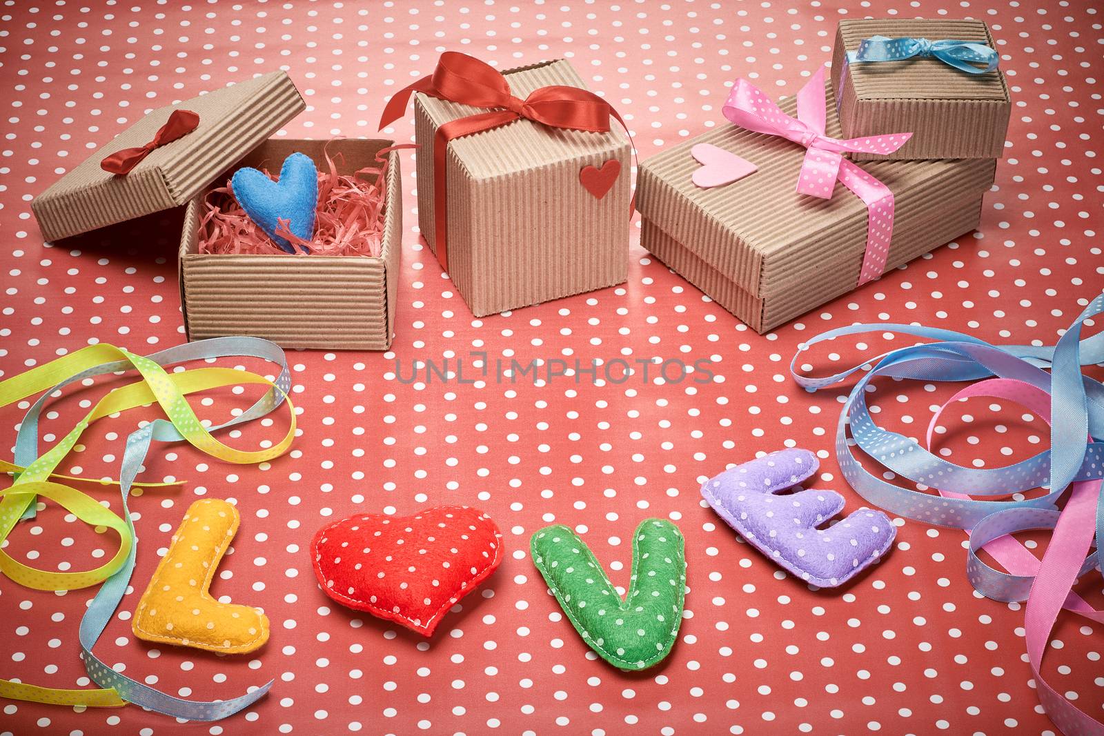Love, Valentines Day. Word polka dots,heart,ribbon by 918