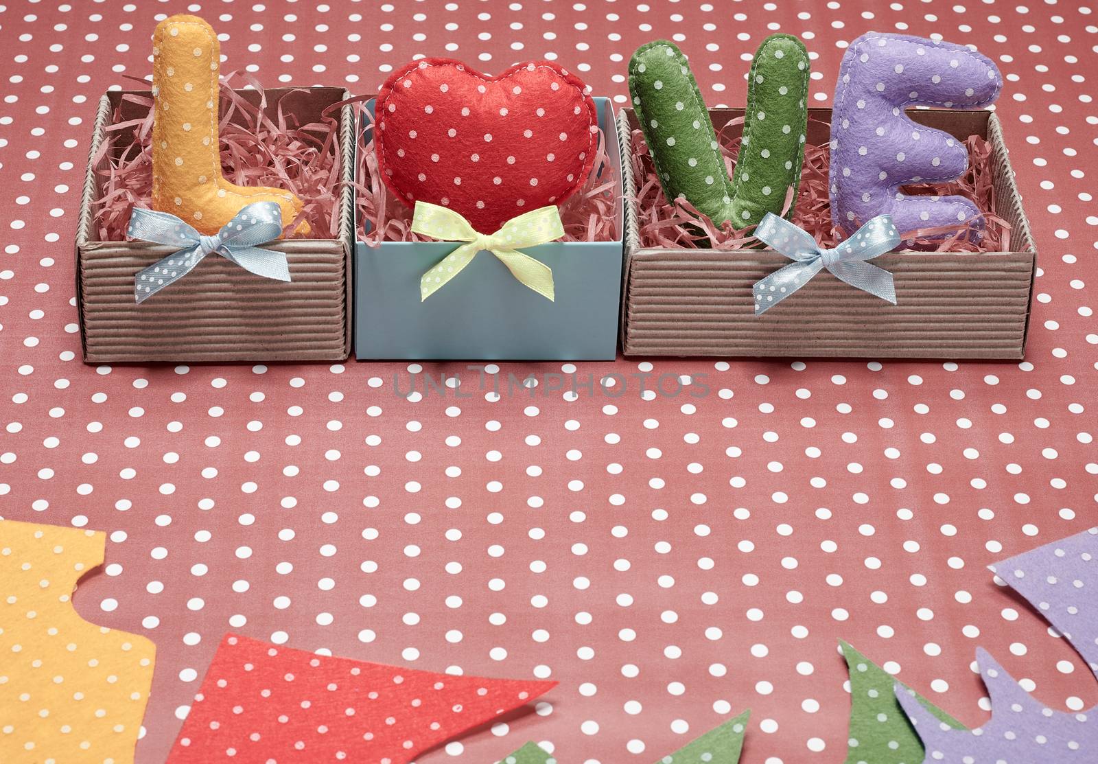 Love, Valentines Day. Word Love polka dots, Heart Handmade in gift boxes, ribbons. Retro vintage romantic style, toned. Vivid unusual creative art greeting card, multicolored felt, present, copyspace