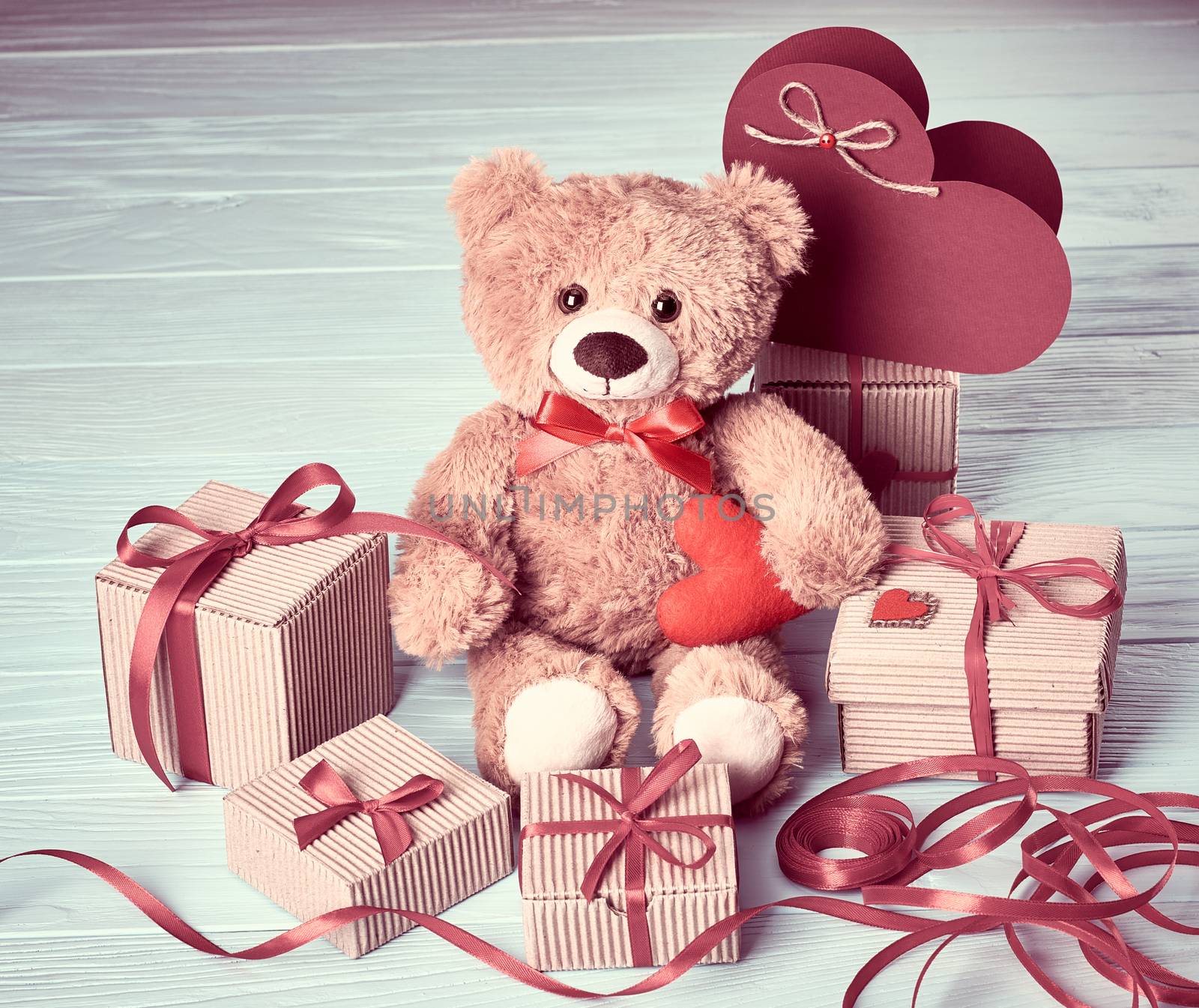 Valentines Day. Teddy Bear Love.Gift boxes on wood by 918