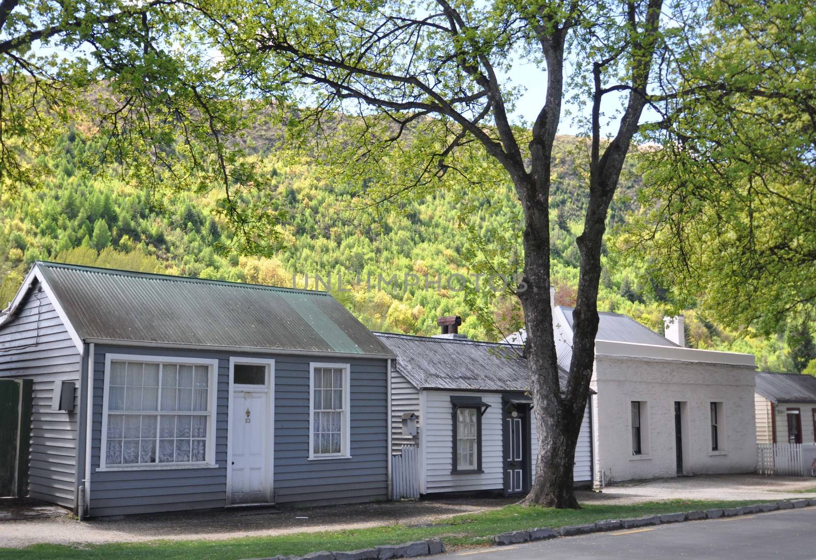 This street of historic wooden cottages is in gold minering settlement of Arrowtown, near Queenstown, New Zealand