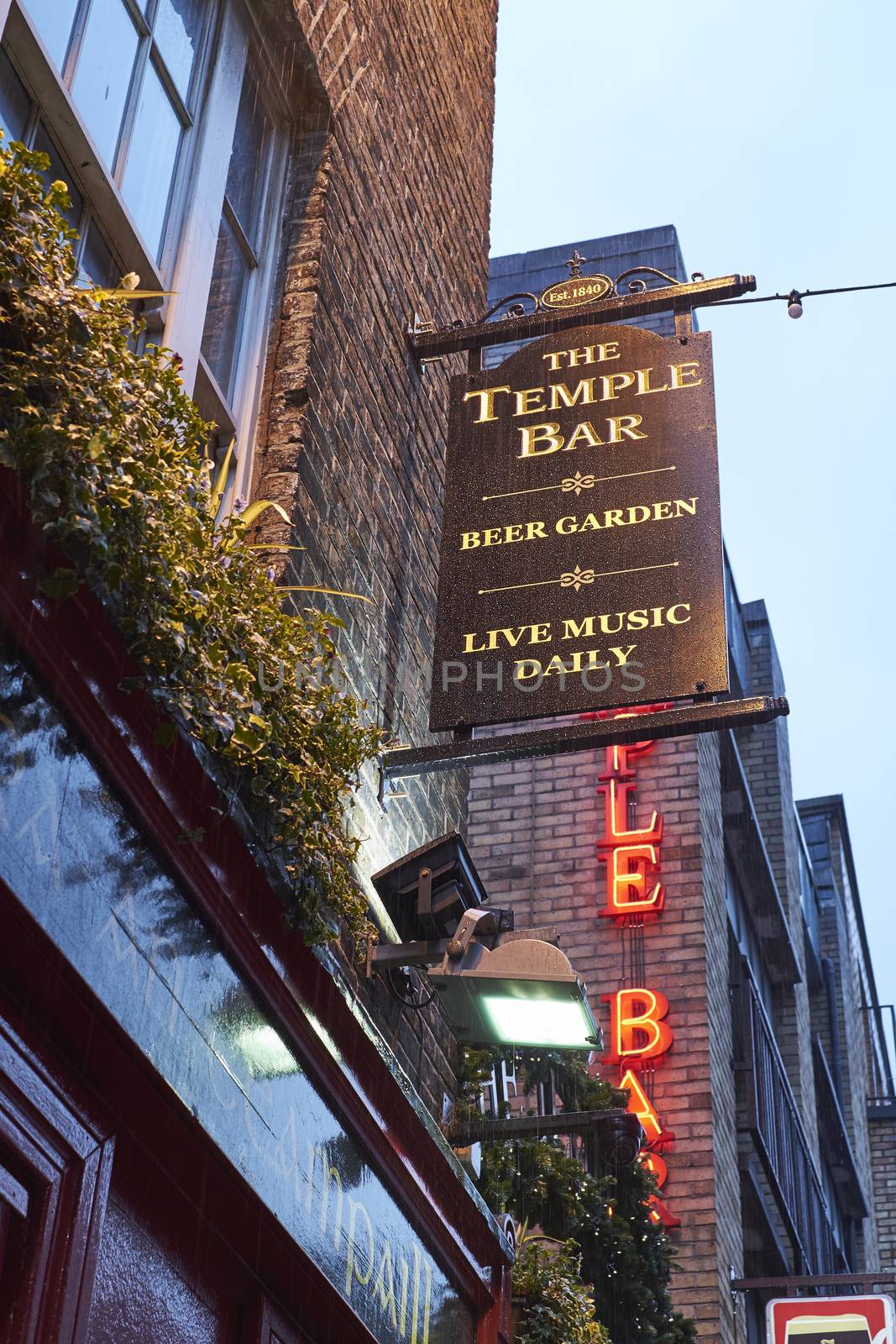 DUBLIN, IRELAND - JANUARY 05: Low angle shot of emblematic Temple Bar pub banner, in the area of the same name. January 05, 2016 in Dublin