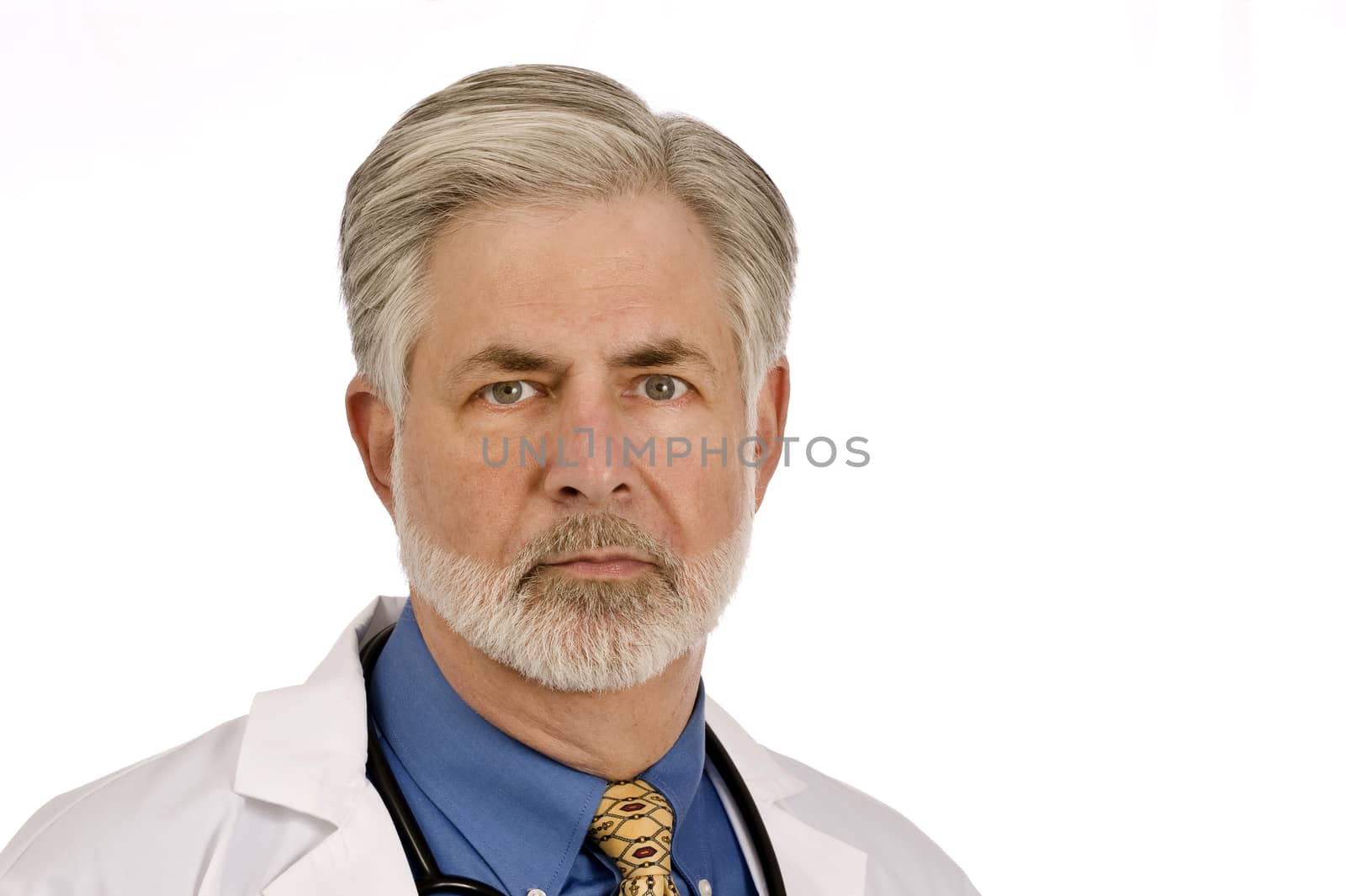 Horizontal shot of an experienced doctor on white background.