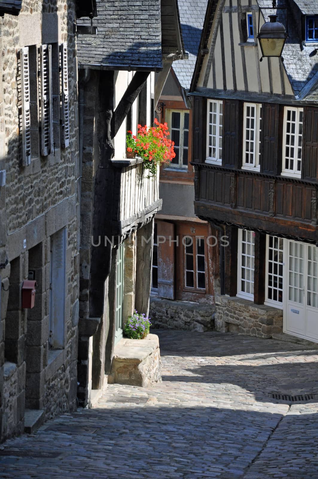 A medieval half-timbered buildings in the Rue de Jerzual, in the ancient french town of Dinan in Brittany.