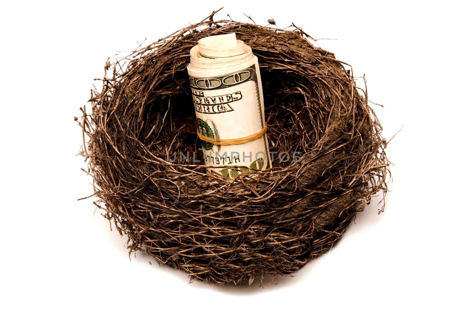 Roll of money in nest as concept of a retirement nest 'egg'.