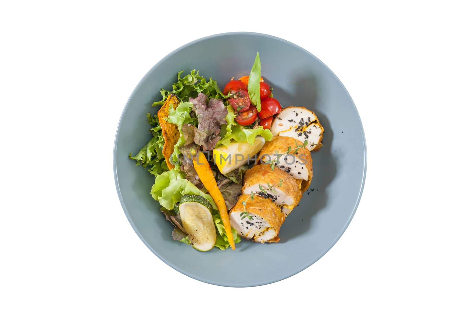 Modern style salad with roasted chicken breast roll