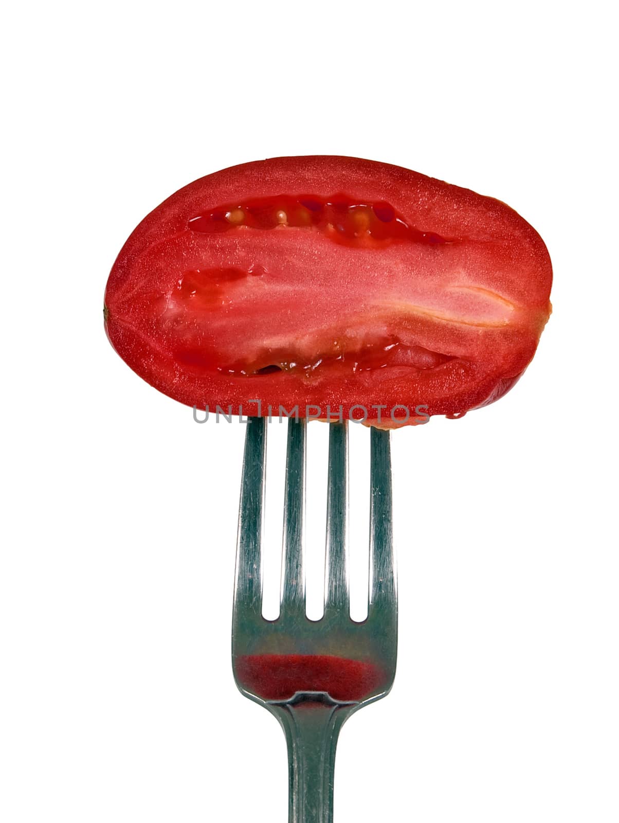 Tomato On Fork Isolated by stockbuster1