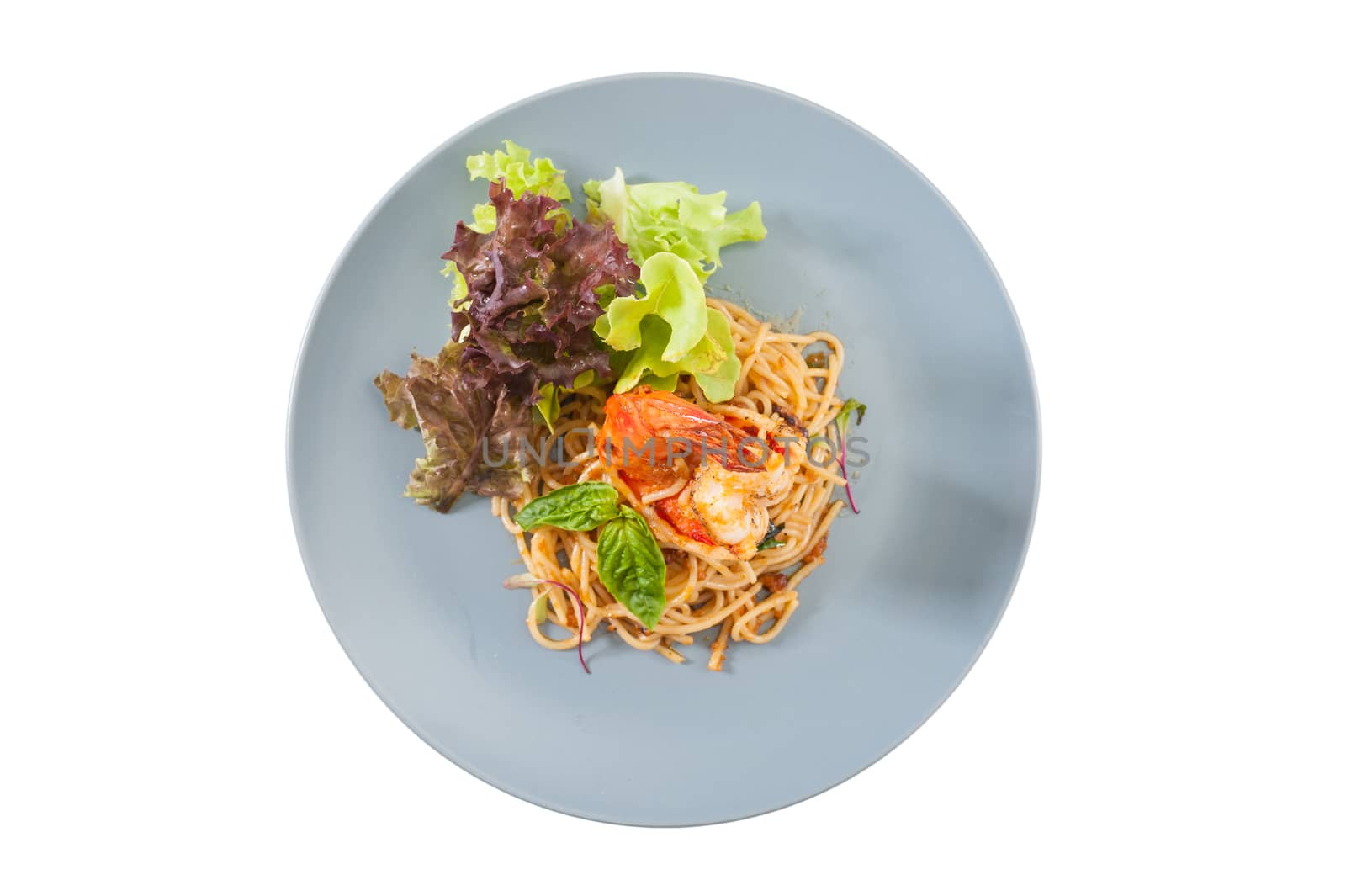 Pasta with Australia tiger prawn in Thai spicy style isolated on white background with clipping path