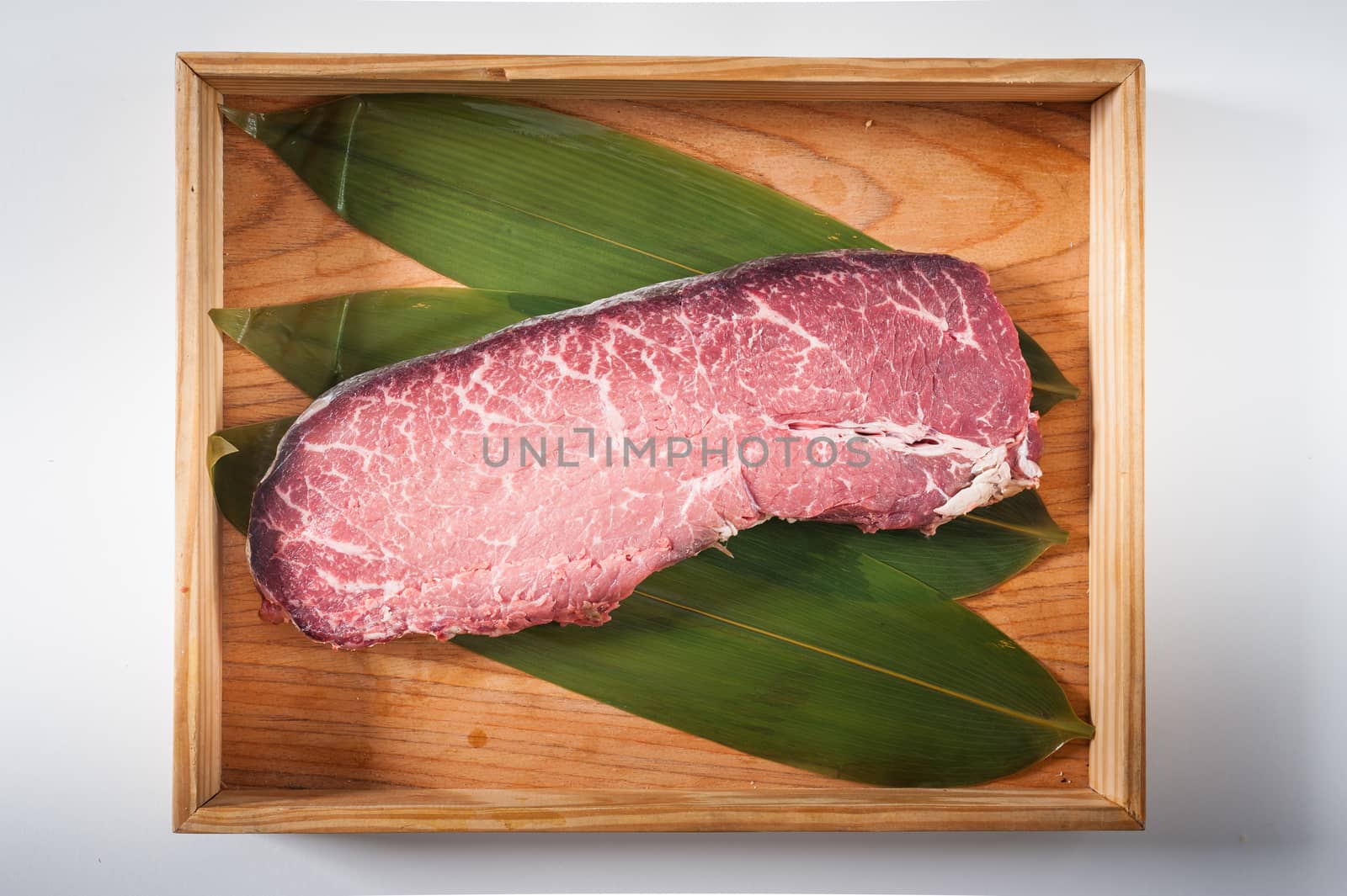 Dry-aged beef in wood tray