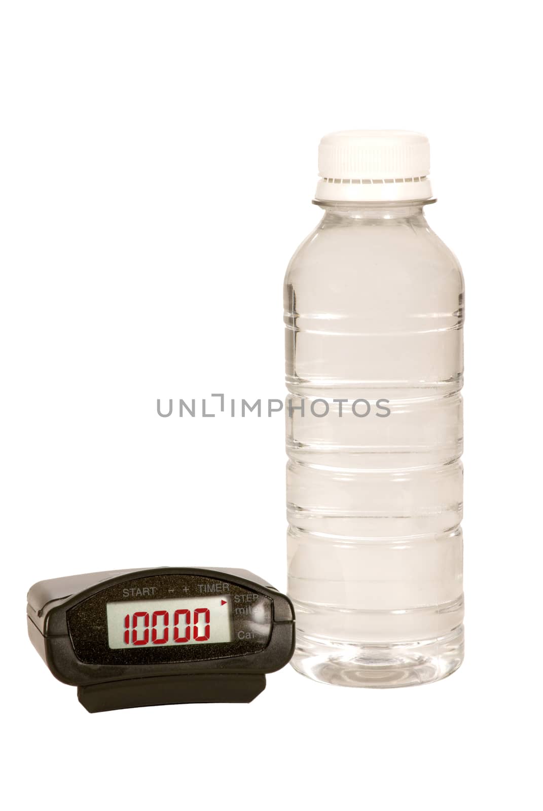 Pedometer reading the walking goal of 10,000 and a water bottle.