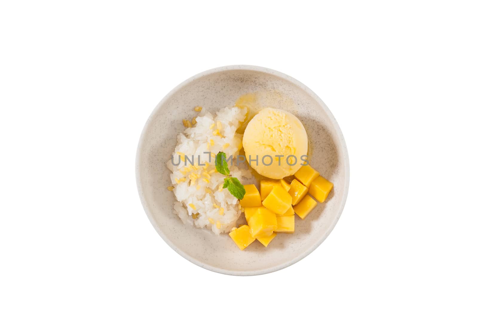 Mango with sticky rice and mango sherbet ice cream in ceramic bowl isolated on white background with clipping path