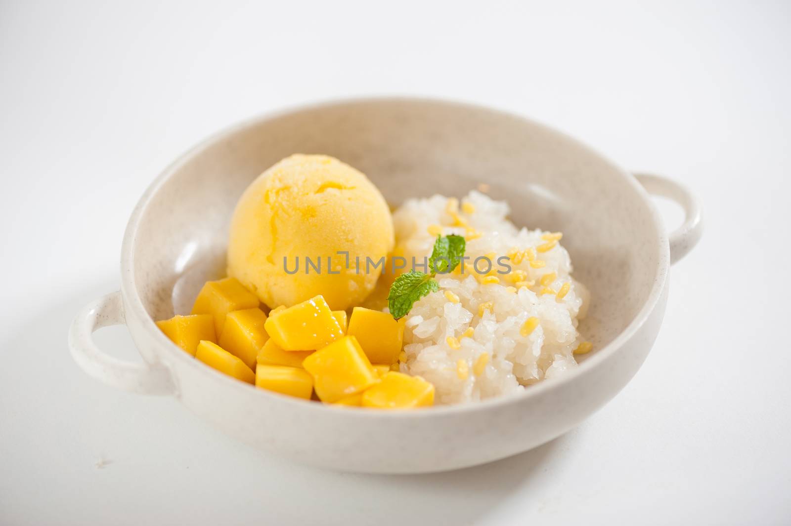 Mango with sticky rice and mango sherbet ice cream in ceramic bowl