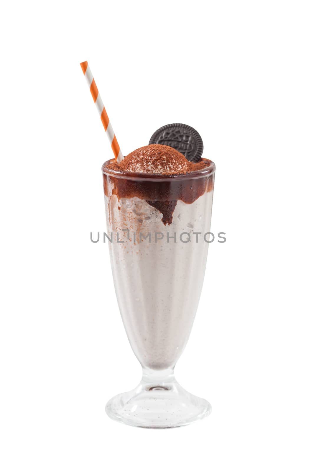 Milk shake with coffee ice cream topping with cocoa powder like Tiramisu dessert in glass isolated on white background with clipping path