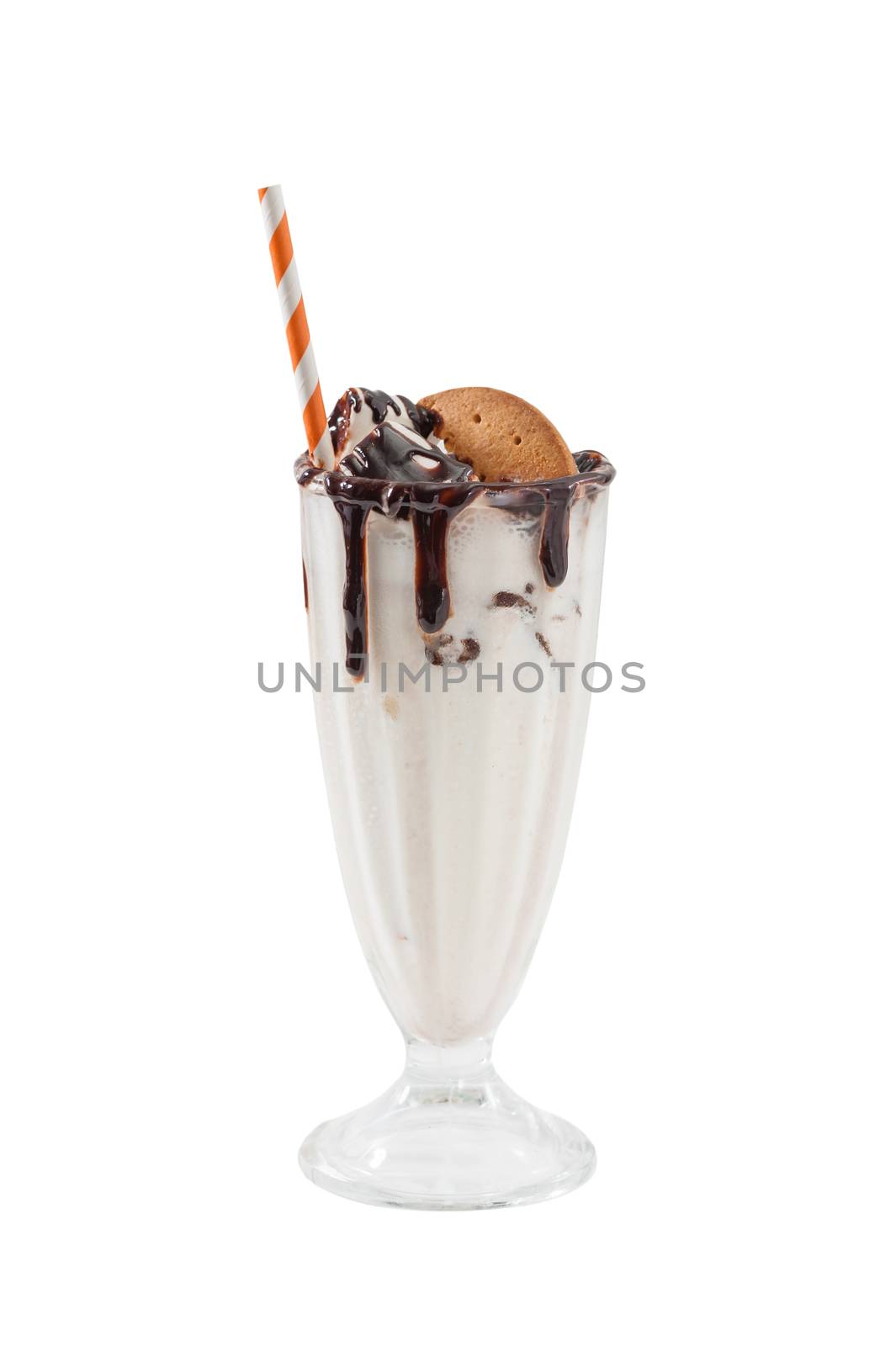 Cookie and cream milk shake, vanilla milk shake with cookie and mashmallow topping with chocolate sauce isolated on white background with clipping path