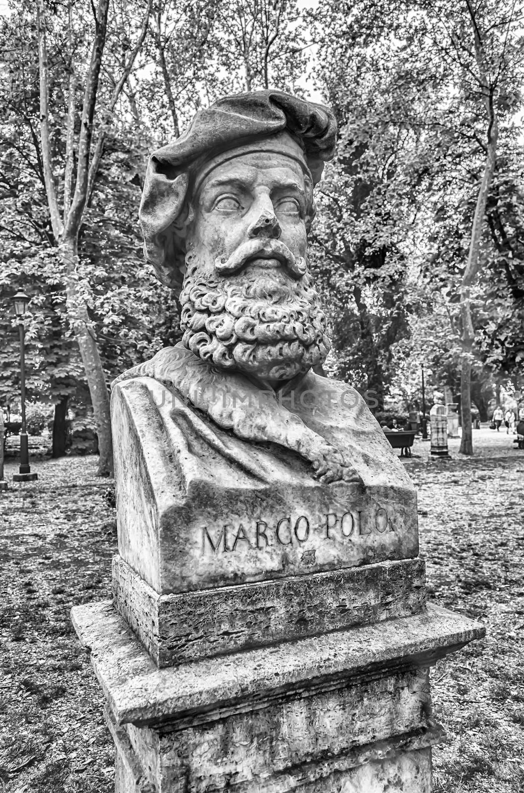 Bust statue of Marco Polo (September 15, 1254 – January 8–9, 1324) who was a legendary Venetian merchant traveller. Sculpture in Villa Borghese park, Rome