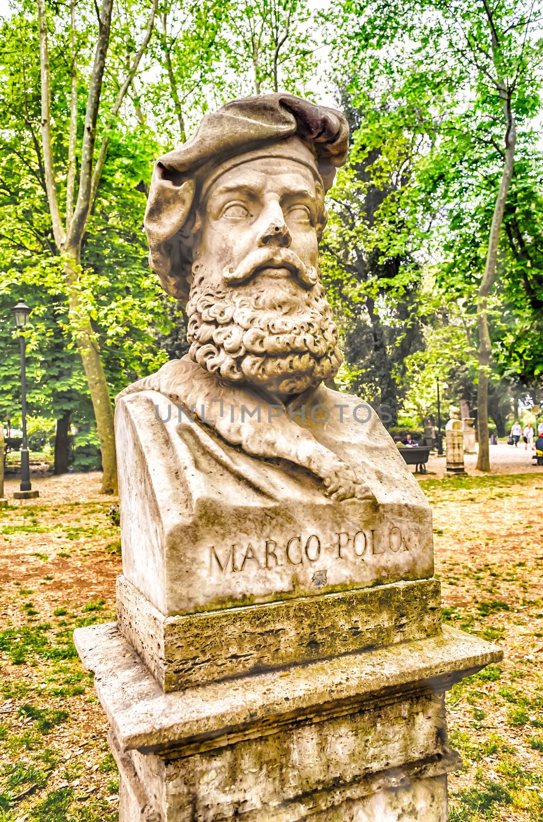 Bust statue of Marco Polo (September 15, 1254 – January 8–9, 1324) who was a legendary Venetian merchant traveller. Sculpture in Villa Borghese park, Rome