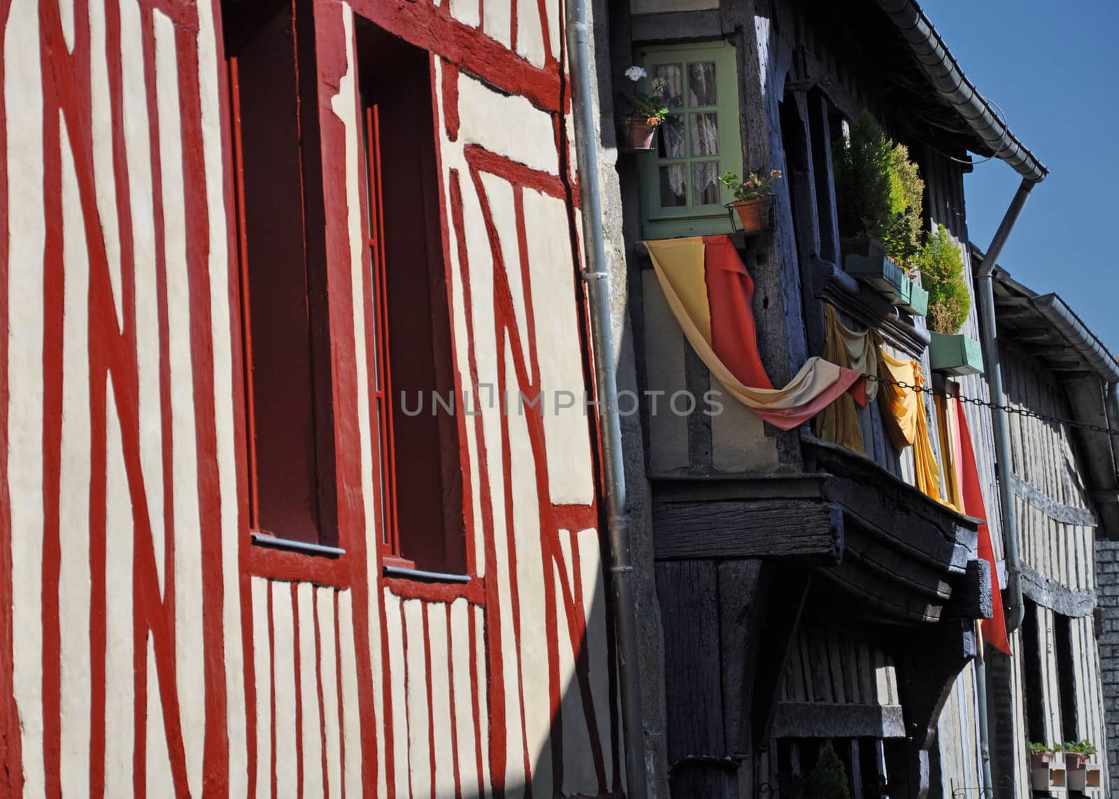 Medieval half-timbered buildings in the ancient french town of Dinan in Brittany.