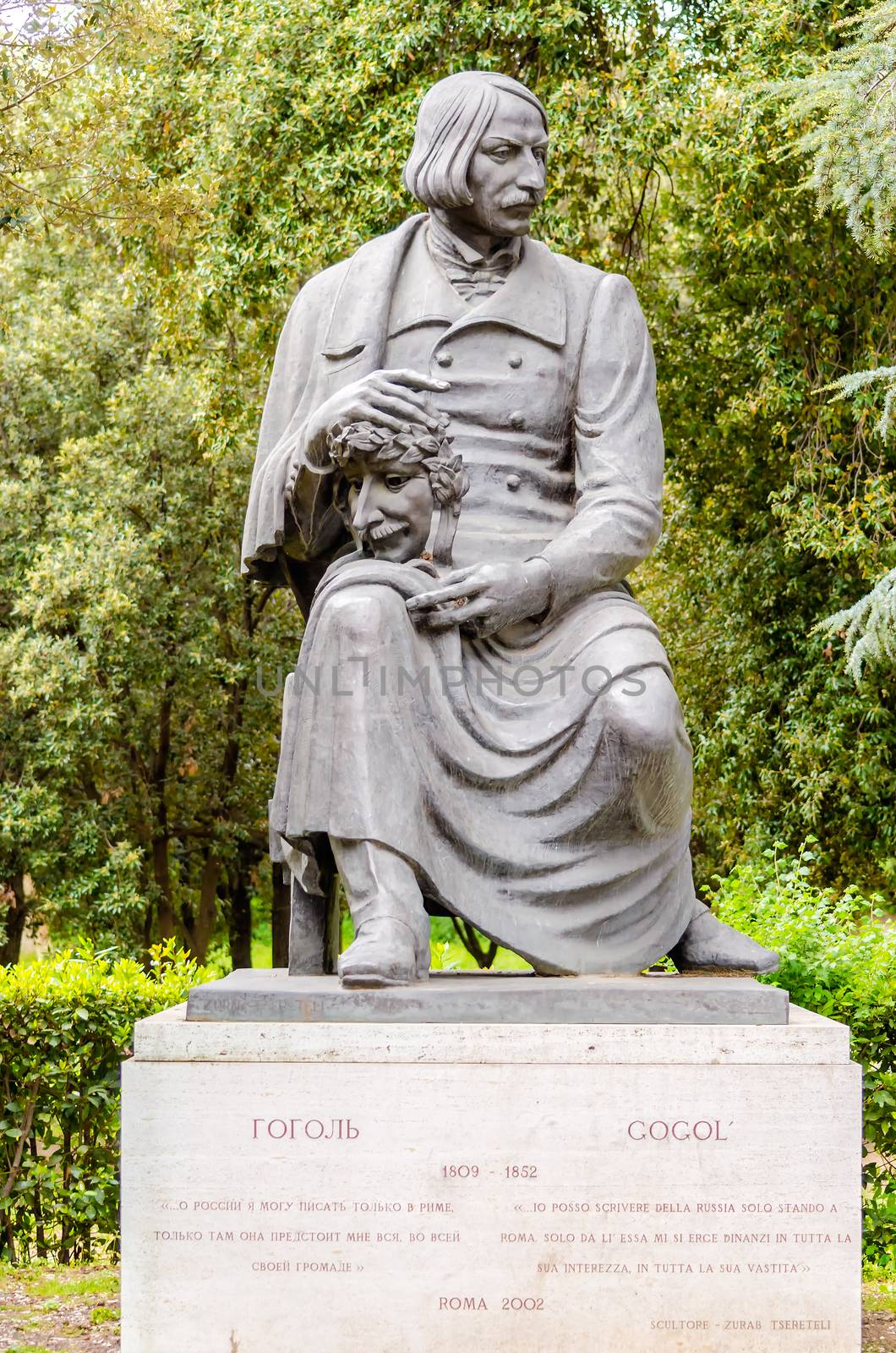 Bronze statue of Nikolai Vasilievich Gogol in Villa Borghese Park, Rome, Italy