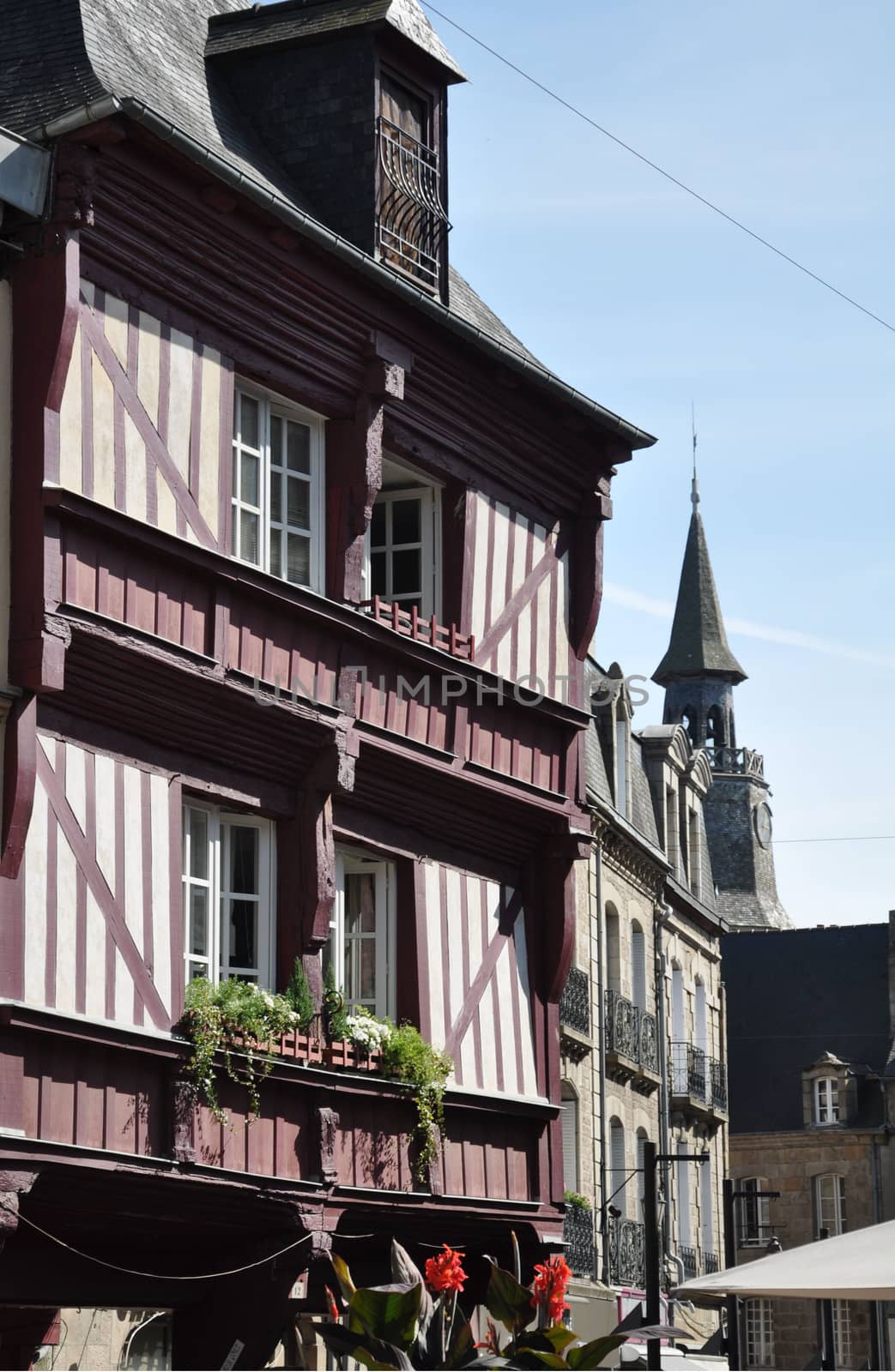 Medieval half-timbered buildings in the ancient french town of Dinan in Brittany.