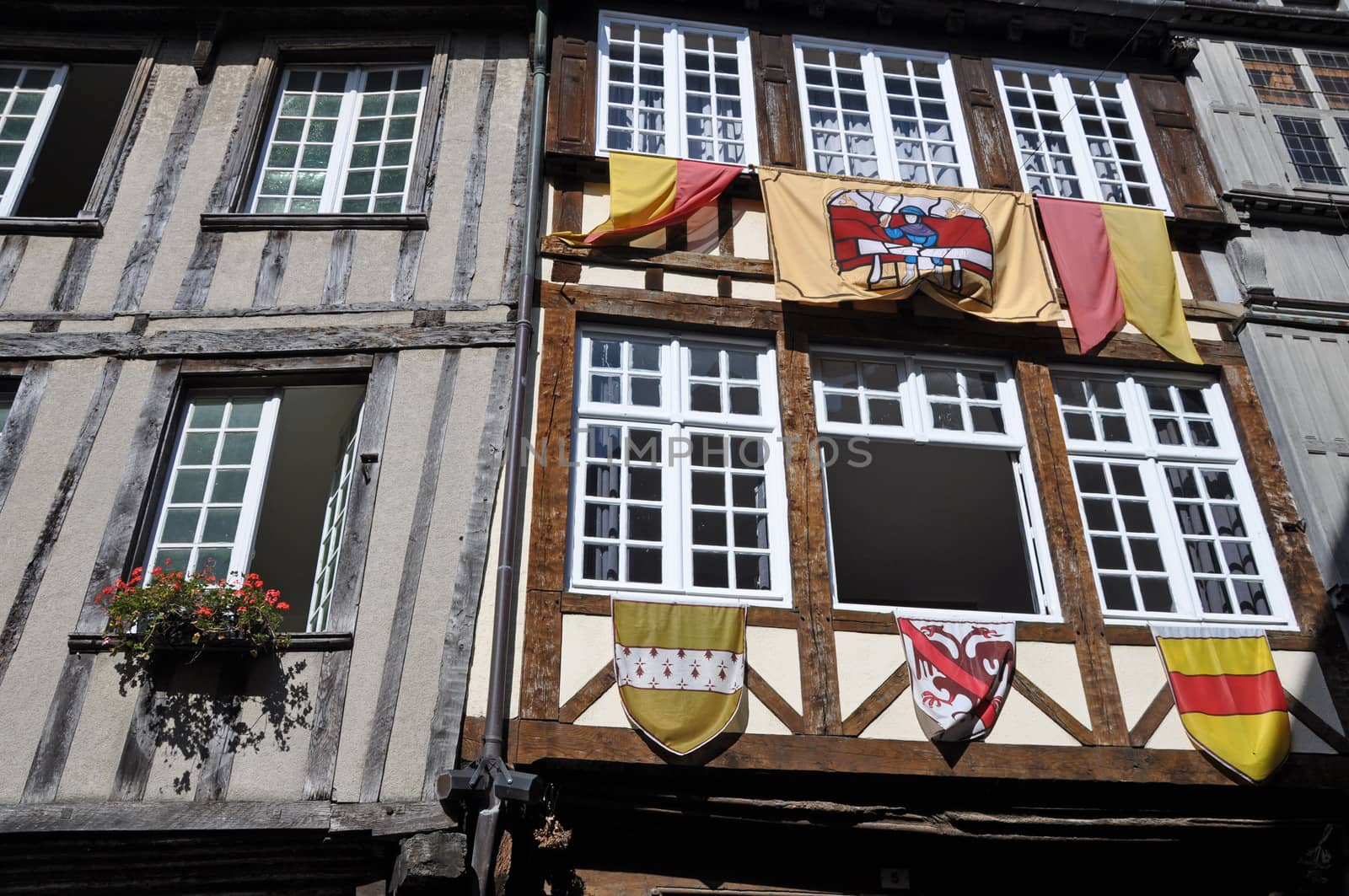 Medieval half-timbered buildings in the ancient french town of Dinan in Brittany.