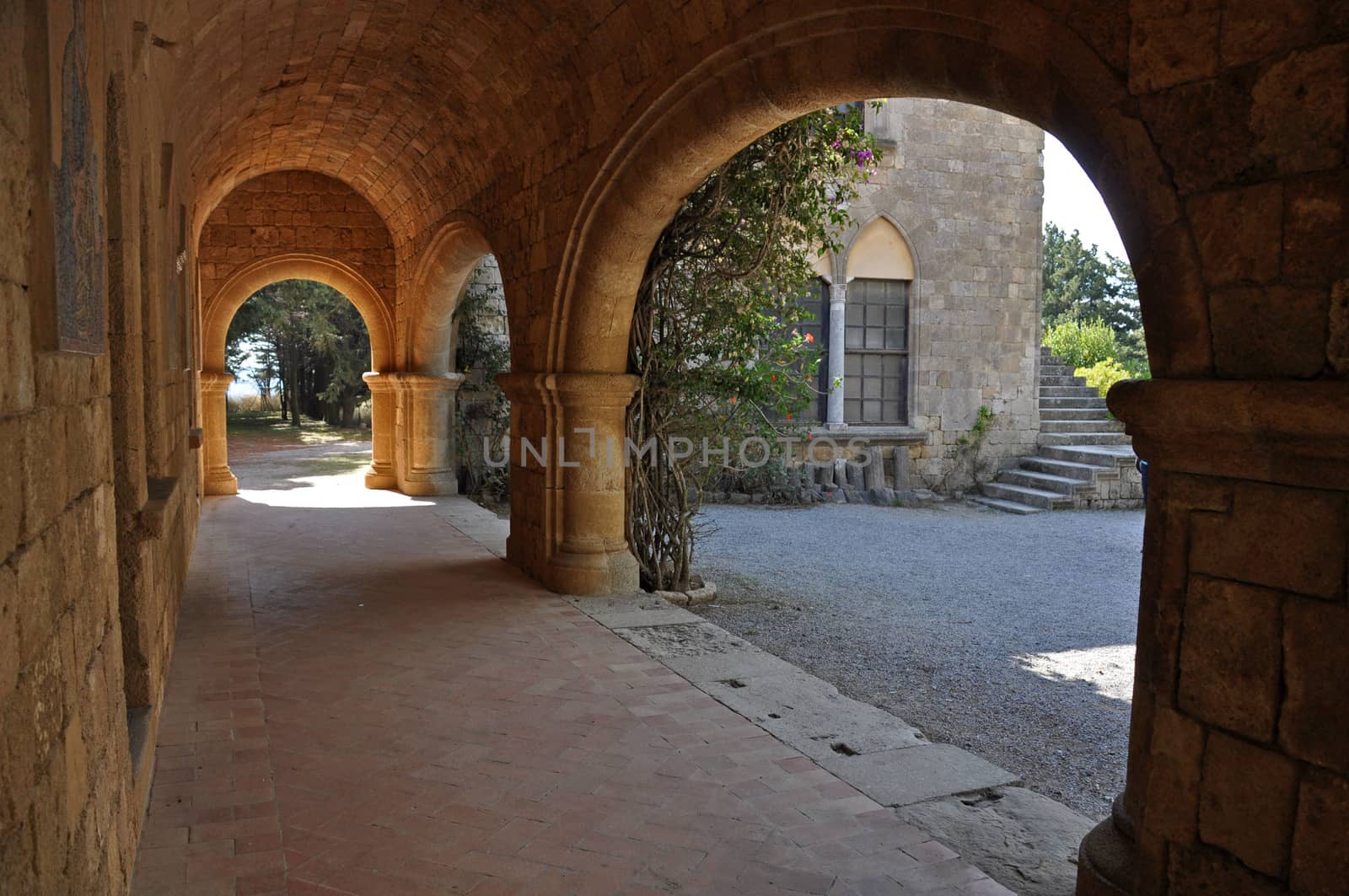 Cloisters and Medieval Frescoes at Ialyssos monastery on the Greek island of Rhodes is built at the top of Mount Filerimos