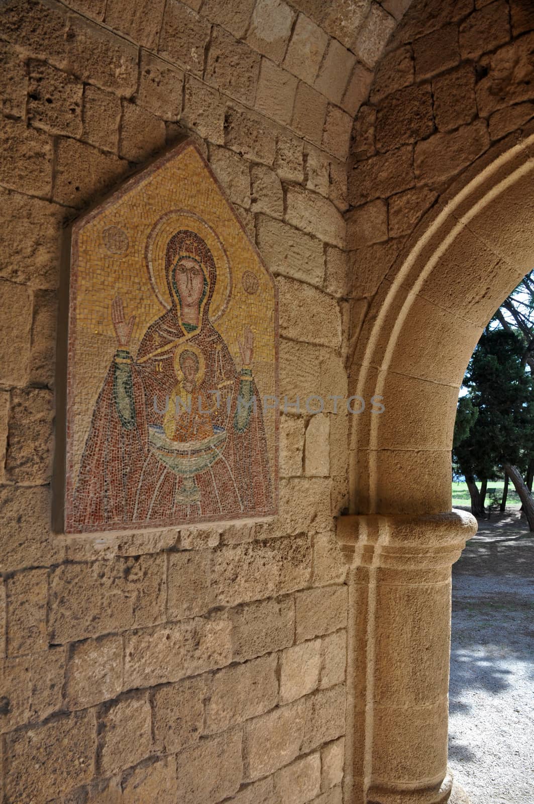 Cloisters and Medieval Frescoes at Ialyssos monastery on the Greek island of Rhodes is built at the top of Mount Filerimos