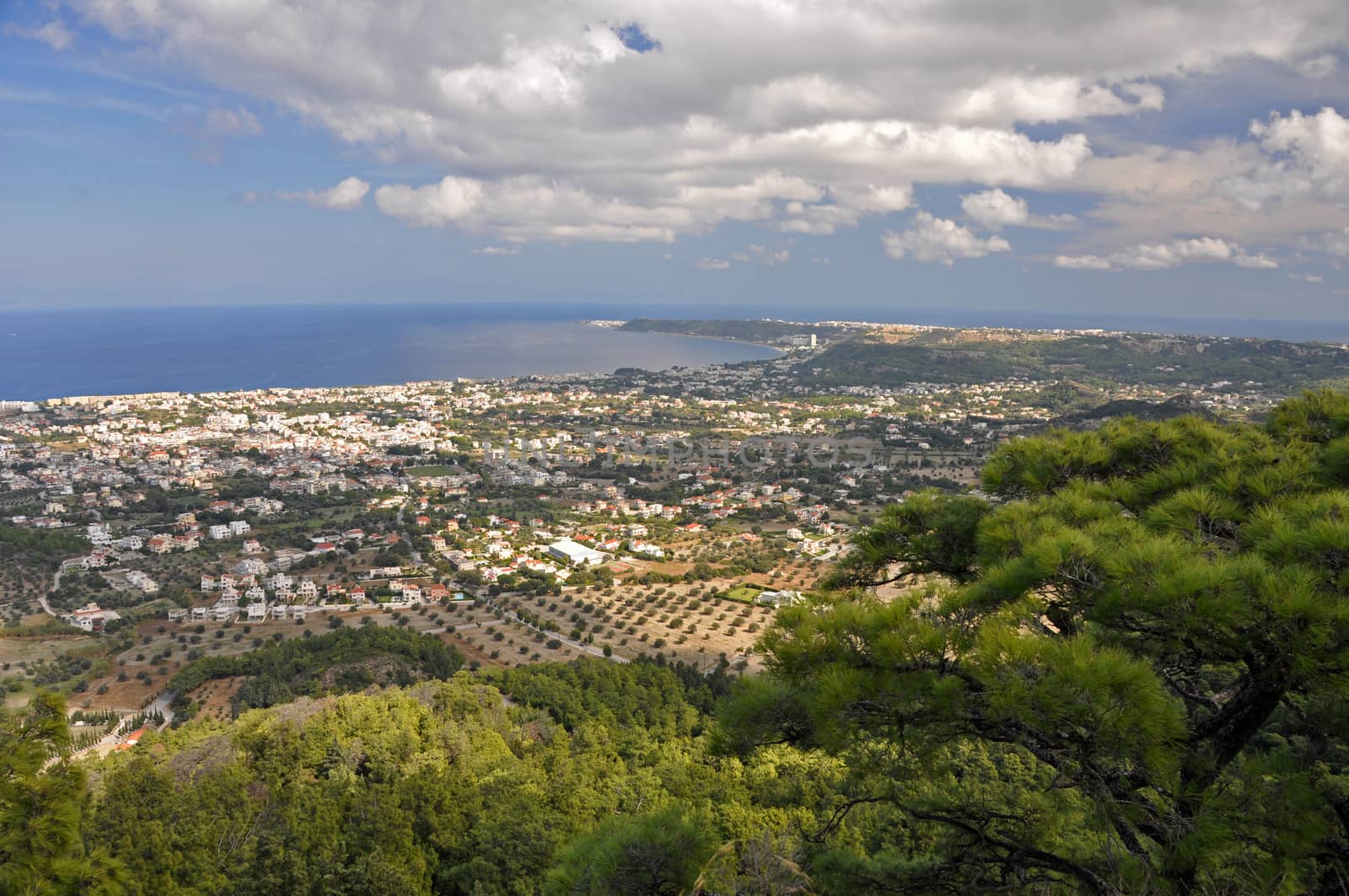 View from Ialyssos monastery overlooking the towns of Kremasti and Trianda and the Mediterannean Sea.