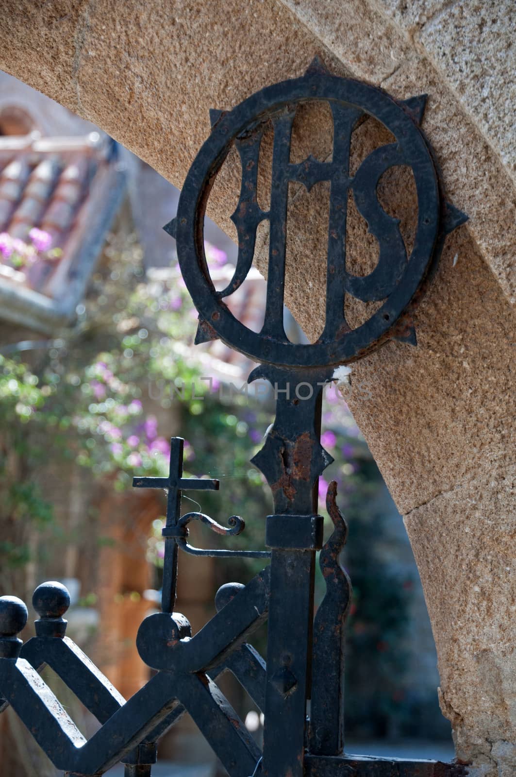 Religious decoration at the Cloister entrance at Ialyssos monastery on the Greek island of Rhodes. Built at the top of Mount Filerimos