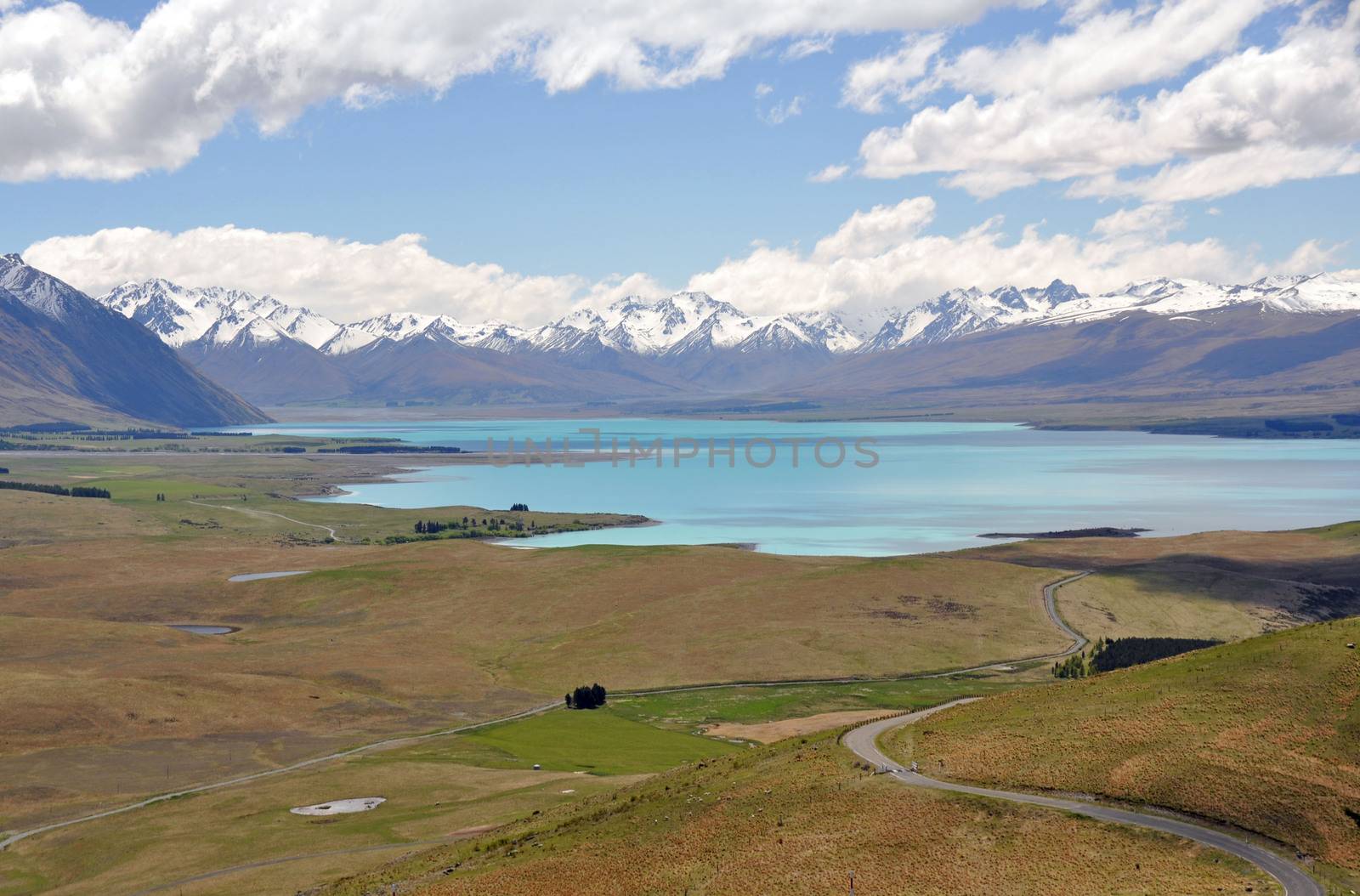 Lake Tepako seen from the track from the summit of  Mount John Observatory.