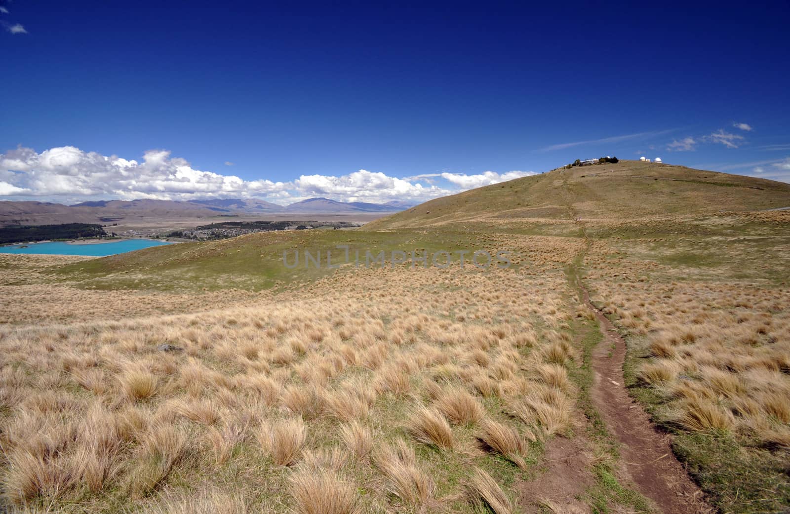 Mount John Observatory and Lake Tepako New Zealand seen fromthe Track from Mount John to the lakeshore