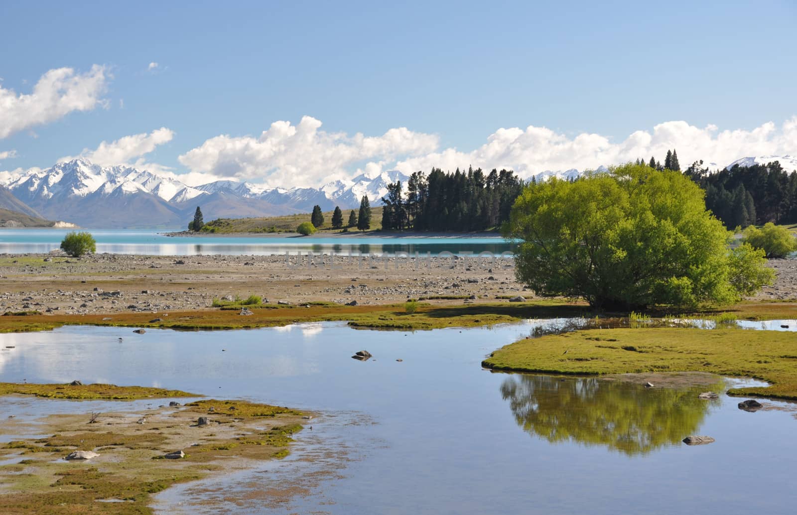 Head of Lake Tepako New Zealand seen from the head of the lake near the Church of the Good Shepherd and Lake Tepako village.