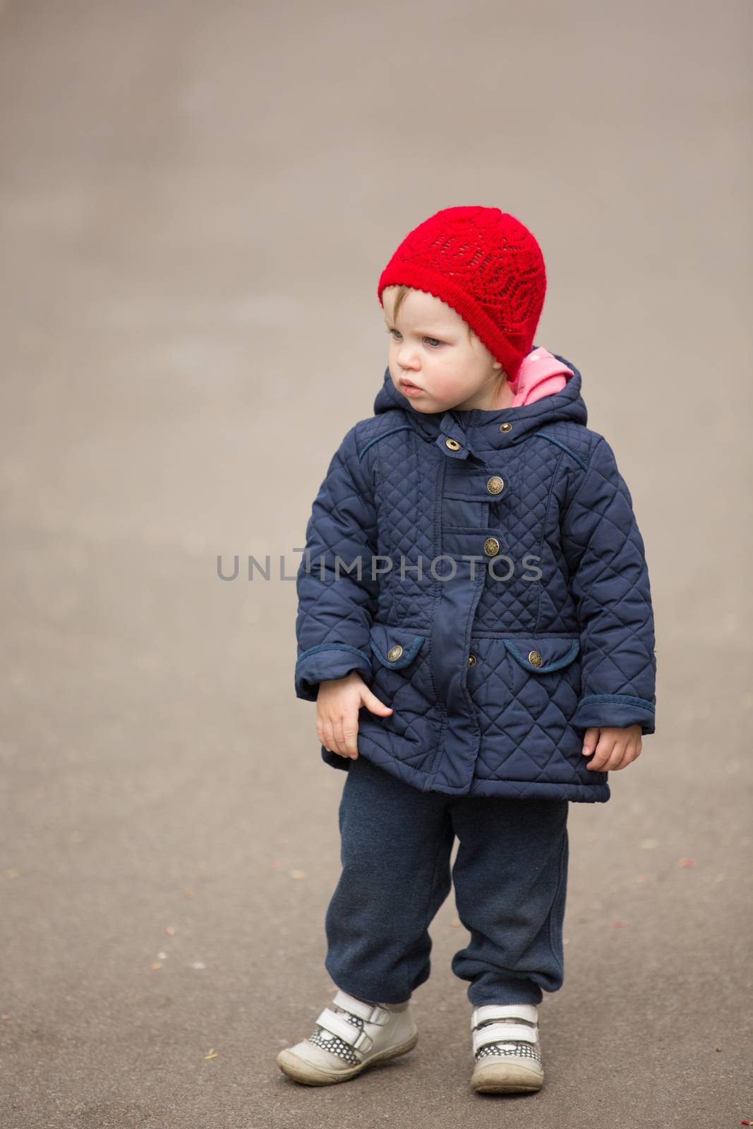 little girl on a park alley in spring