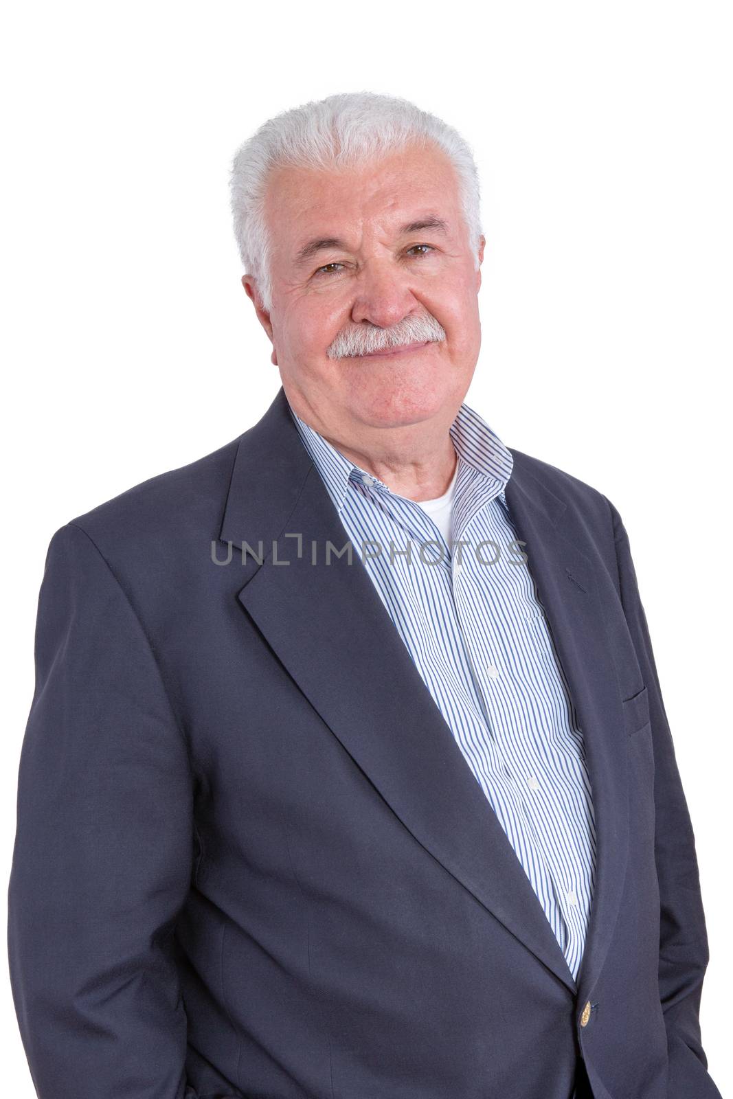 Attractive smiling senior man with mustache and blue blazer without necktie over white background
