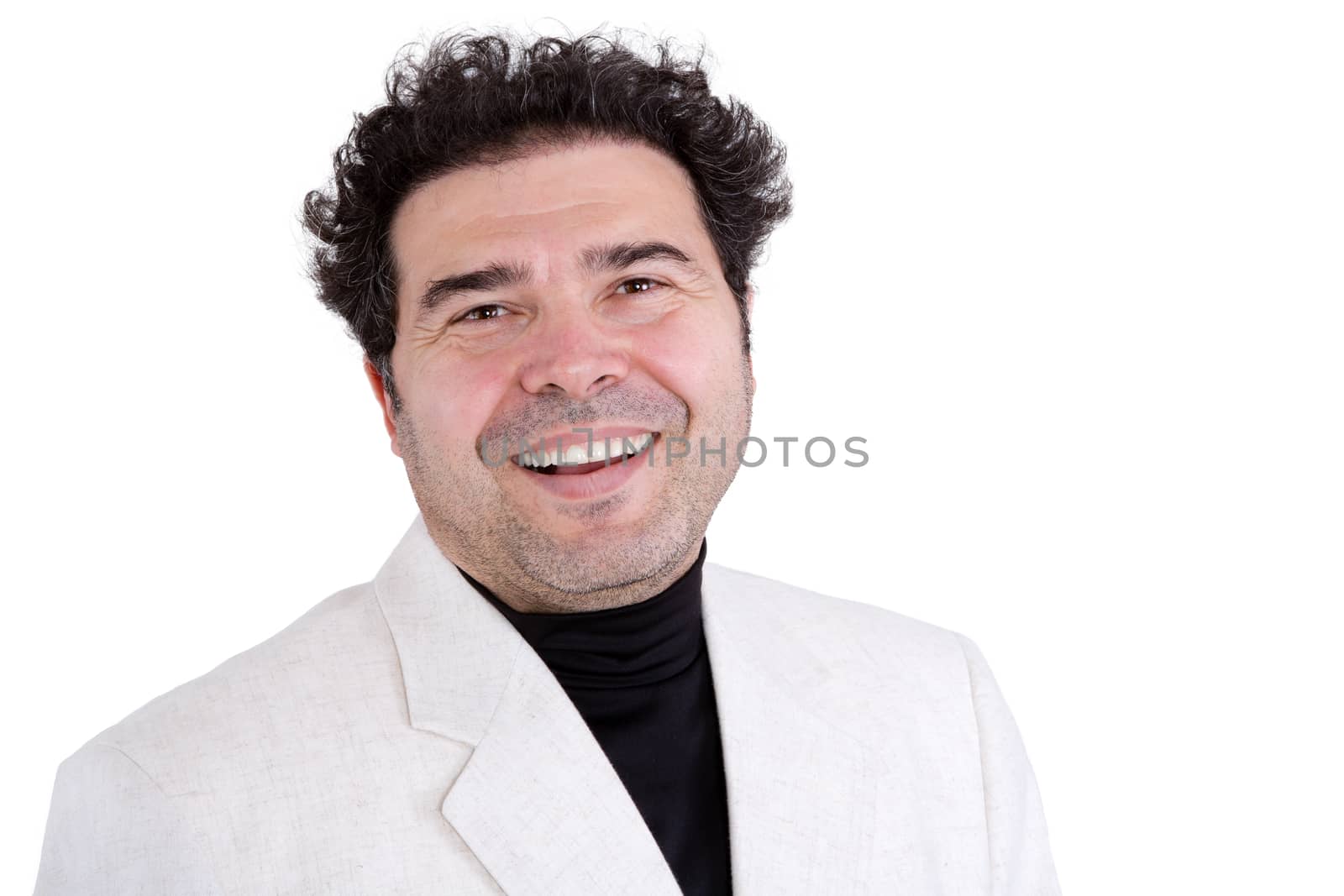 Single handsome laughing adult man with black hair and white jacket over black shirt laughing