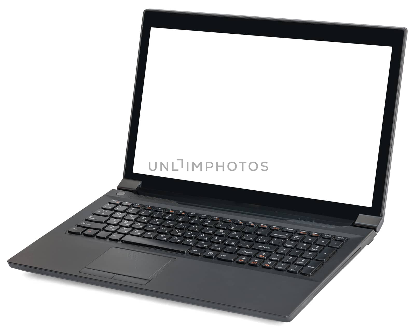 Open laptop with blank screen isolated on white background