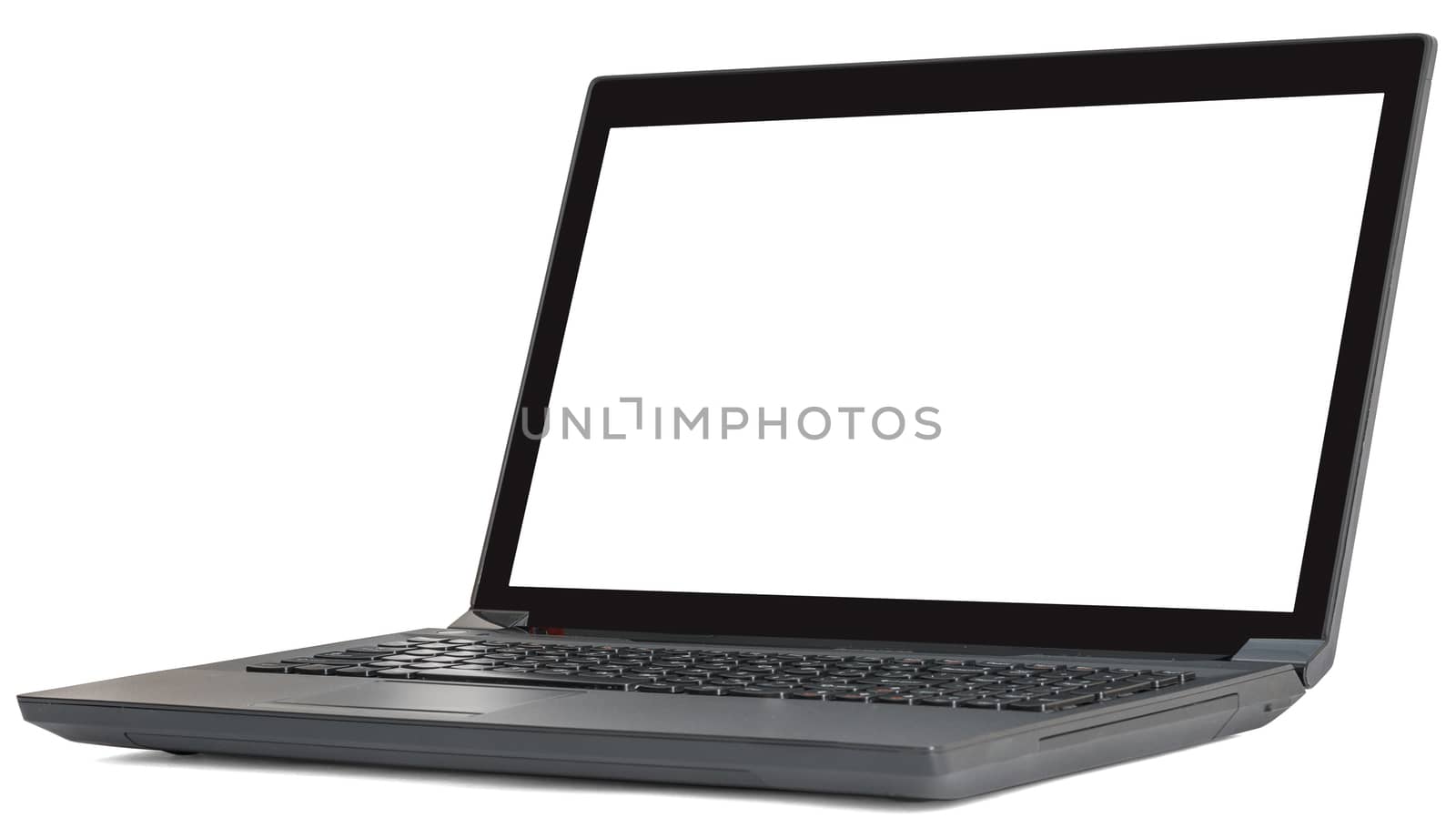 Black laptop with blank screen isolated on white background