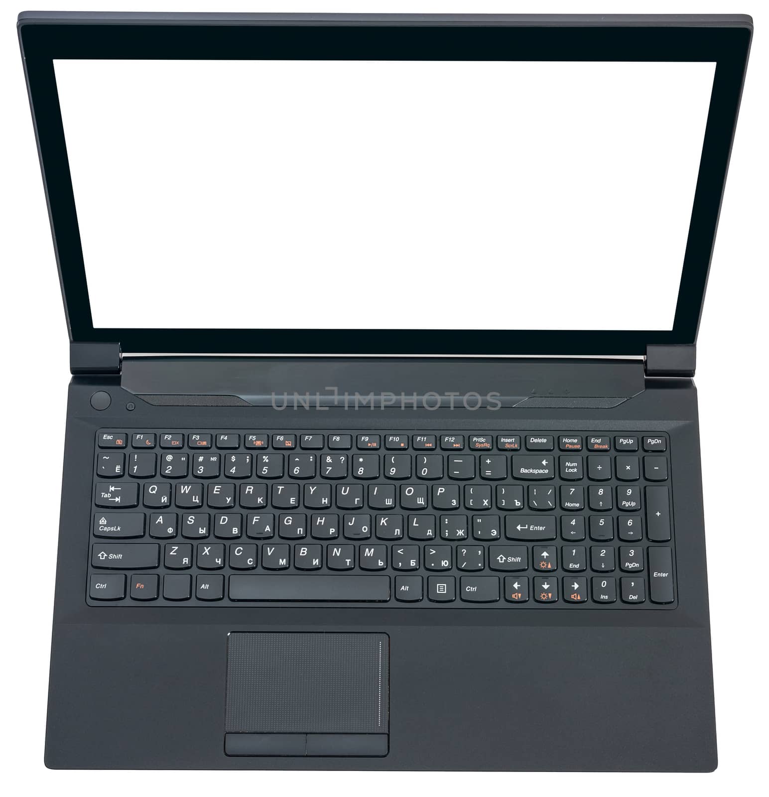 Open black laptop with blank screen isolated on white background, top view