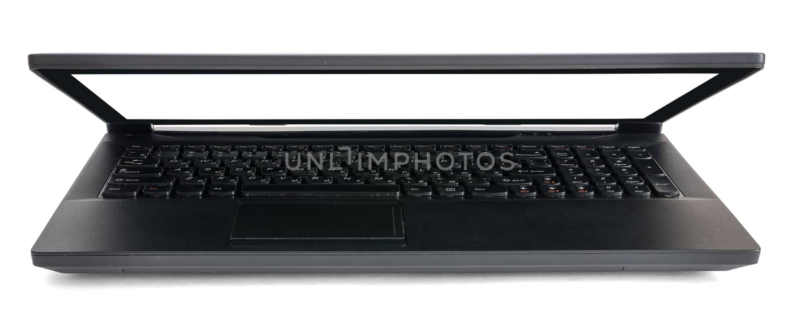 Black laptop with blank screen isolated on white background, front view